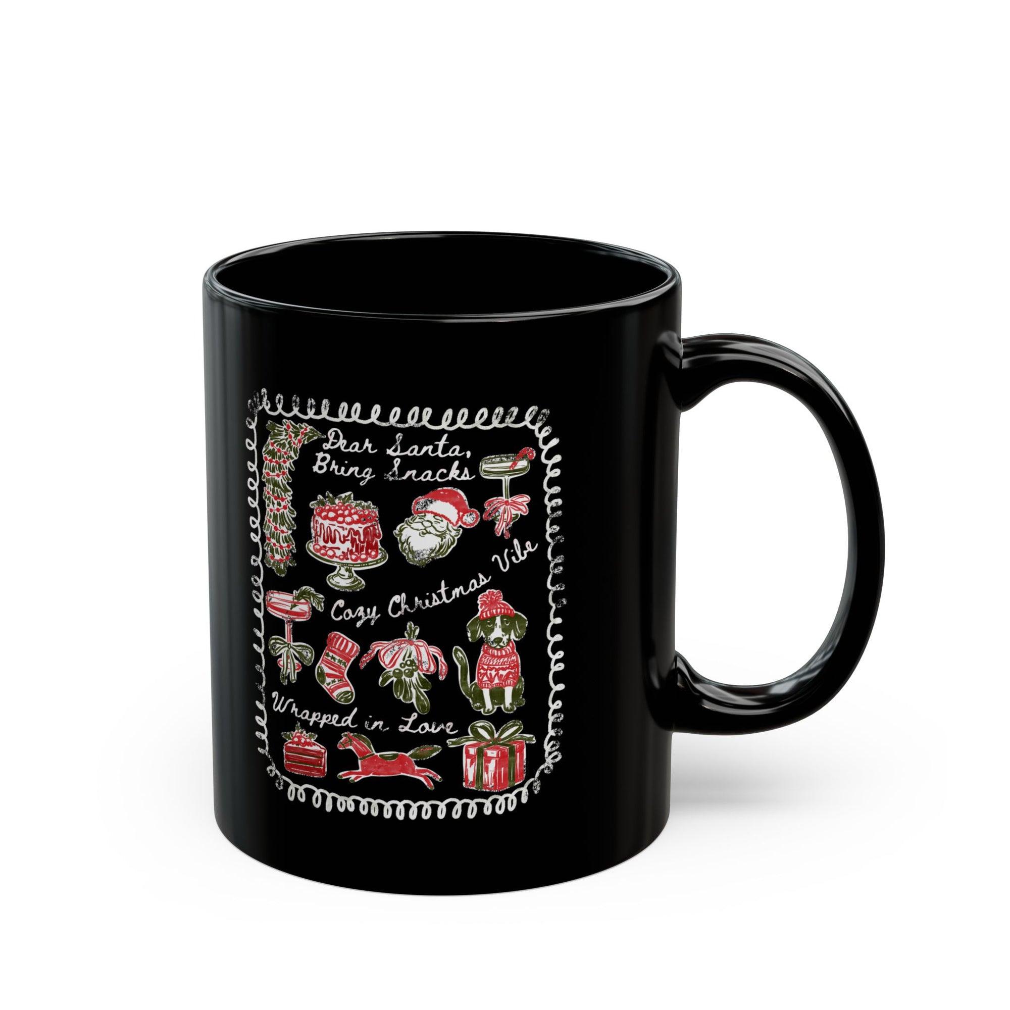 Black mug with Christmas-themed design on a white background
