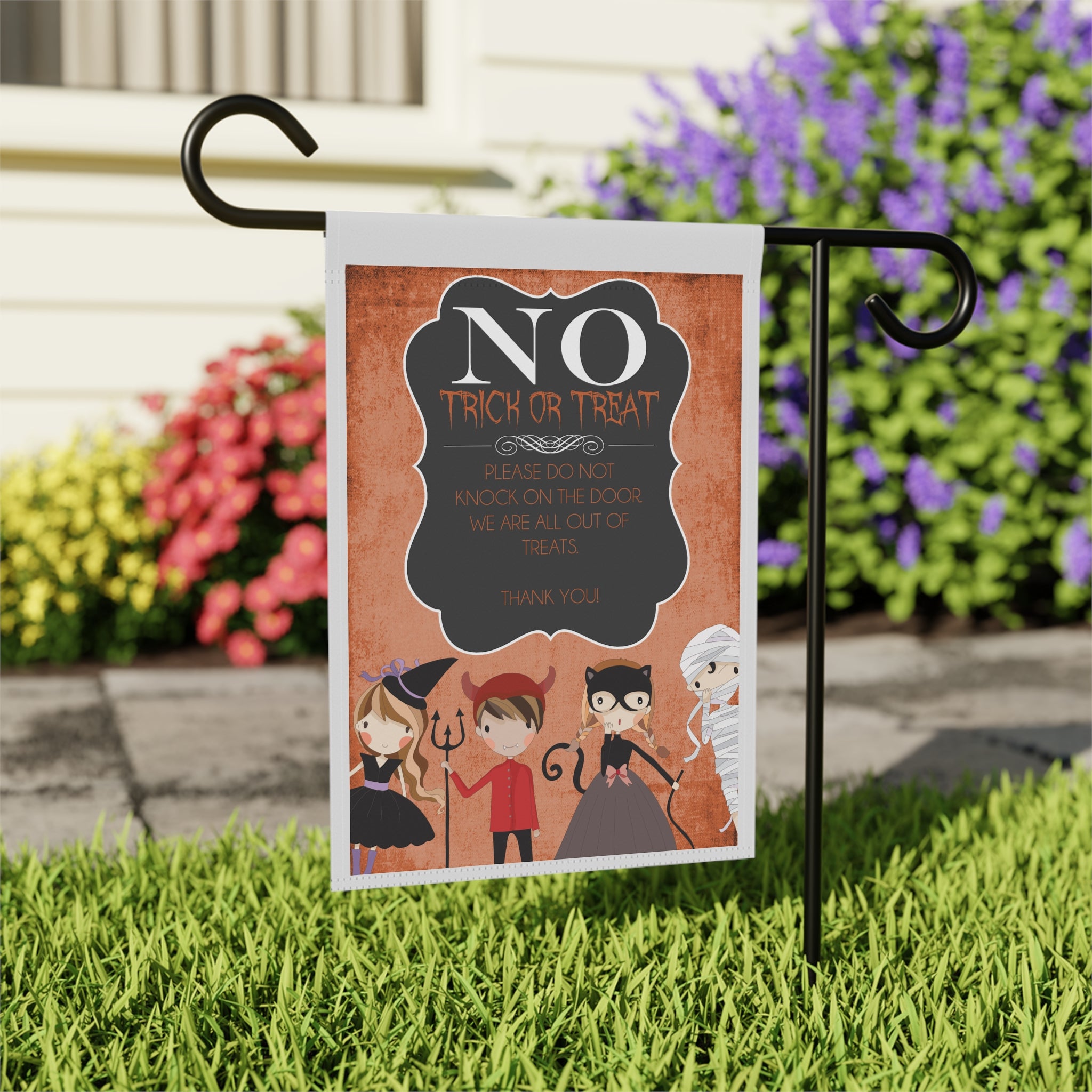 No Trick or Treat Halloween Garden Flag 12x18 – Cute Out of Candy Yard Decor
