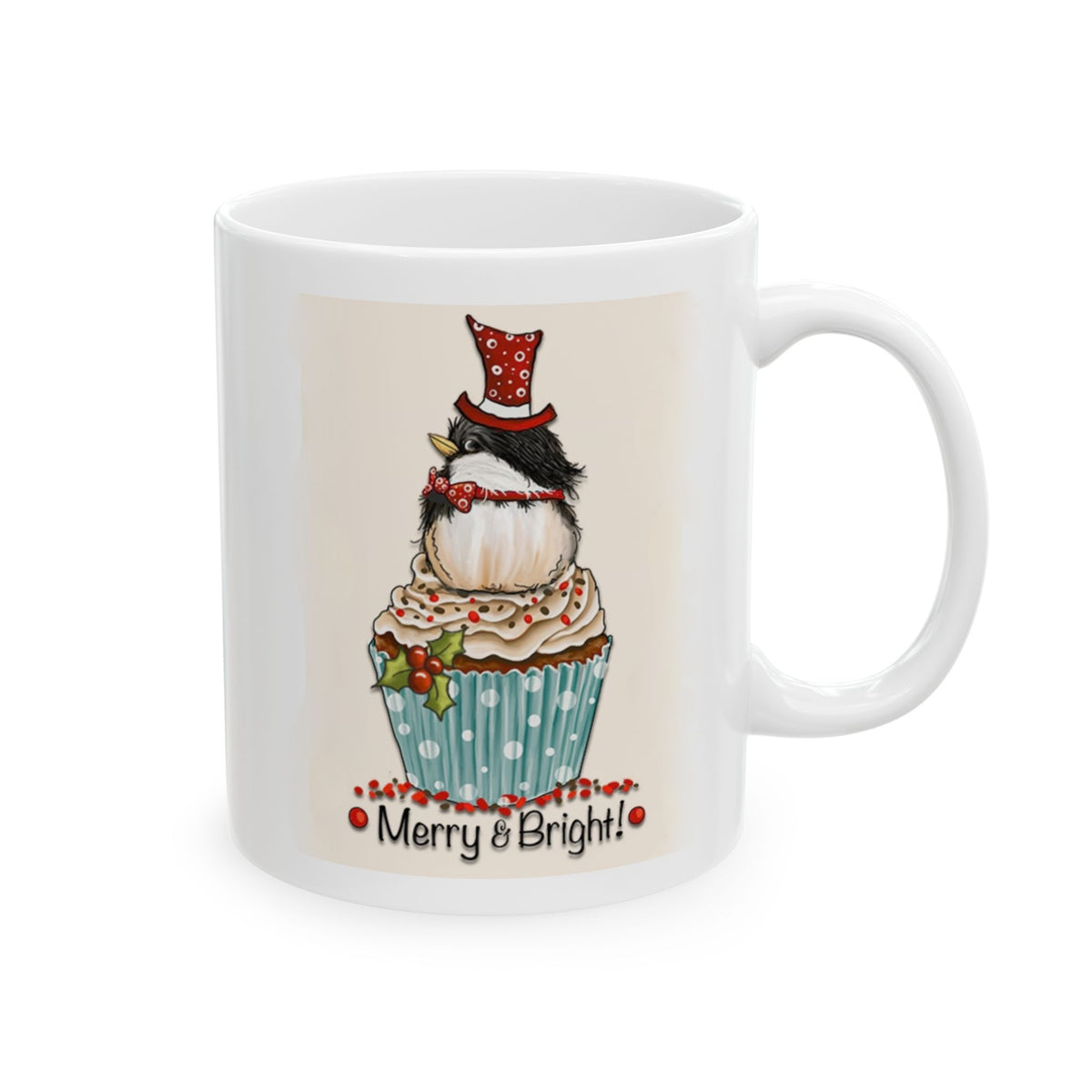 Merry and Bright - Cute Bird Cupcake Christmas Mug Drinkware Design (11oz, 15oz)