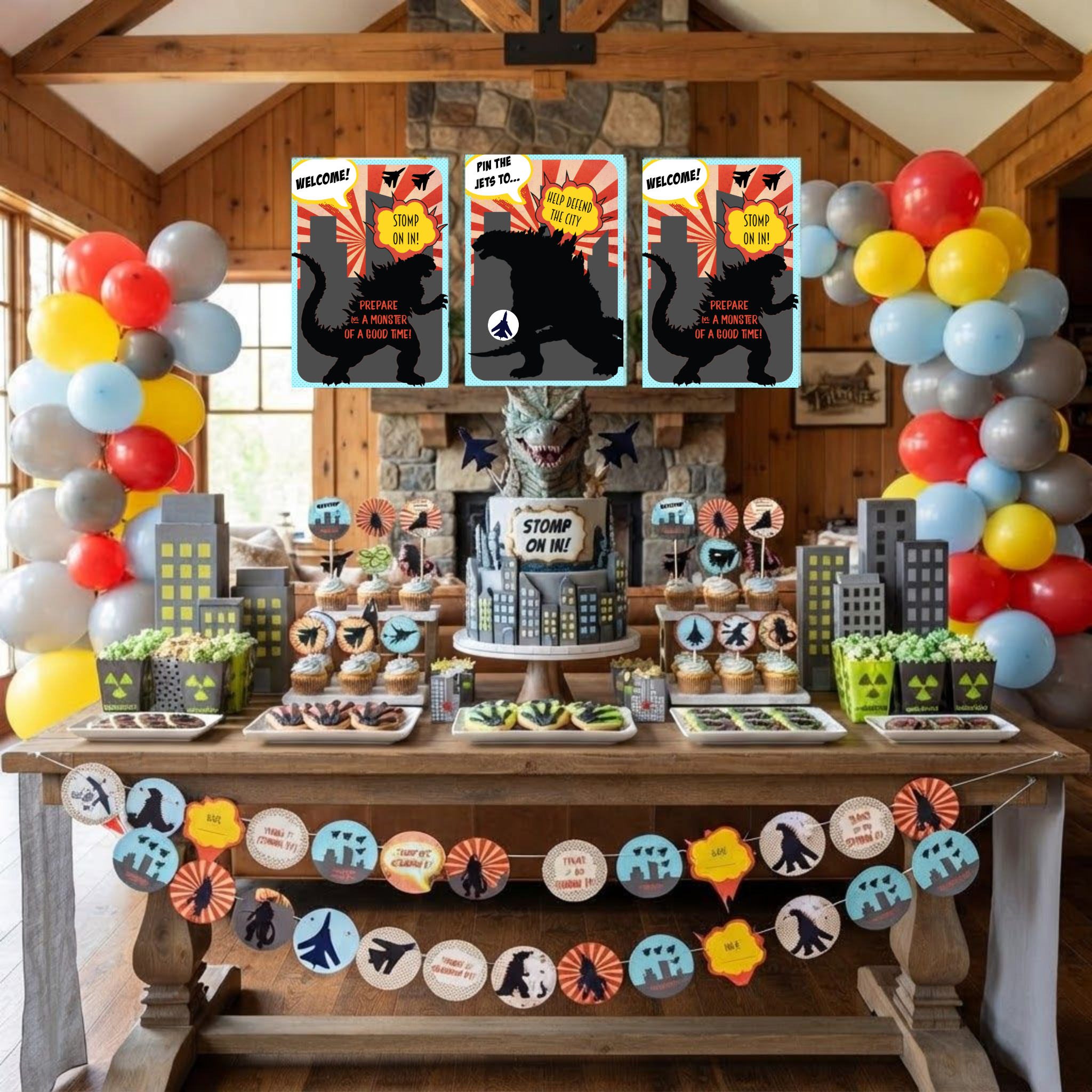 Complete retro monster adventure party bundle contents for a boys sci-fi birthday party