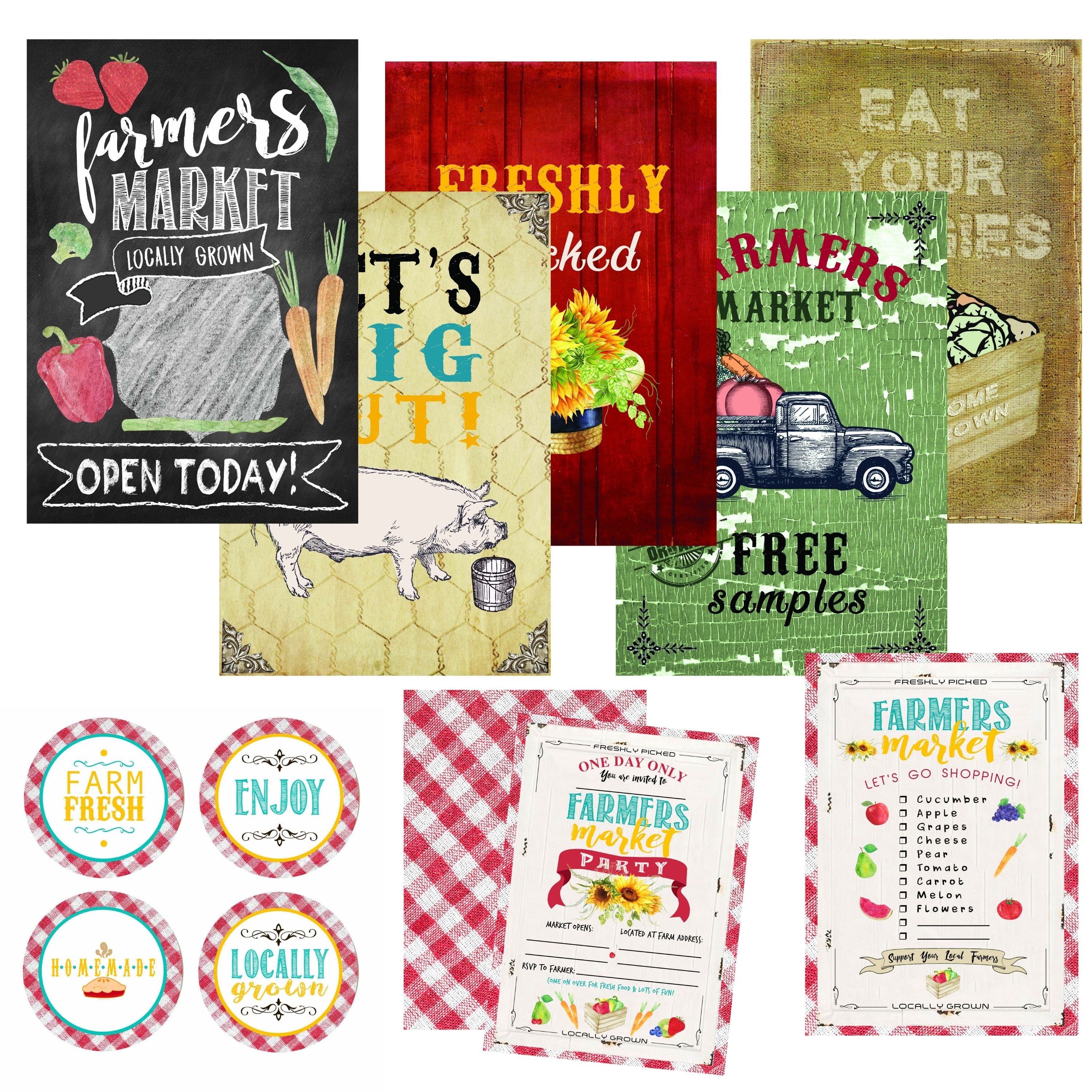 A set of rustic-themed farmers market printable signs and stickers, including a chalkboard sign, a pig poster, a vintage truck sign, a checklist, a party invitation, and circular stickers, displayed on a clean white background.