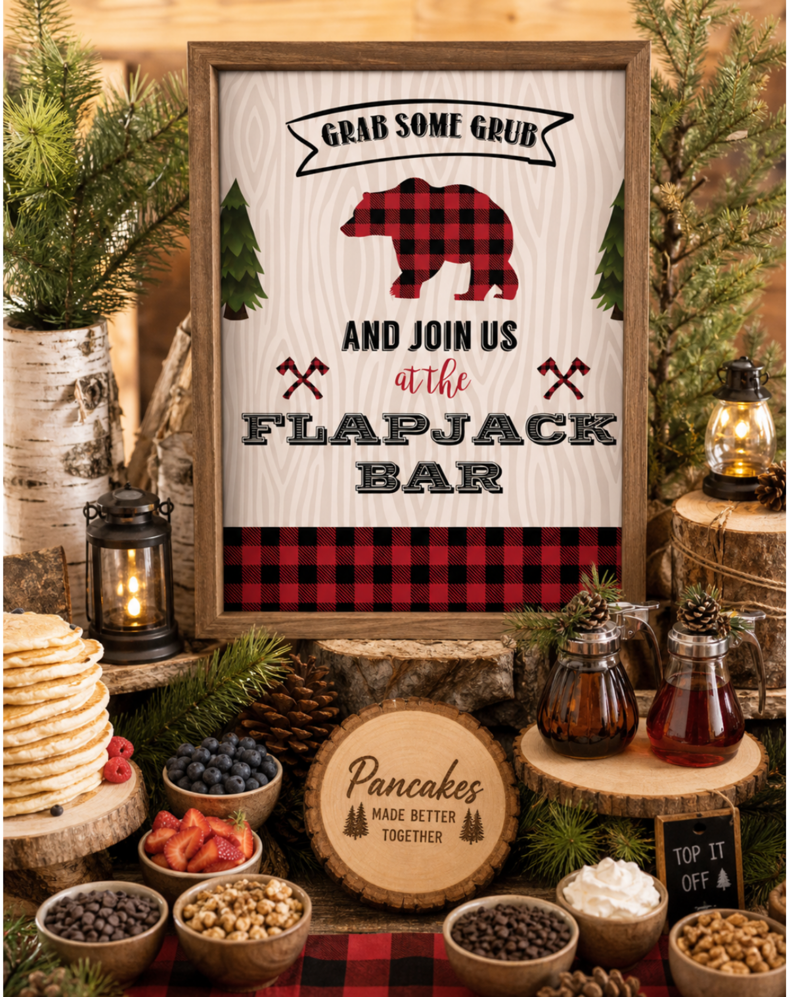 Rise and Shine flapjack pancake bar party invitations with buffalo plaid lumberjack design