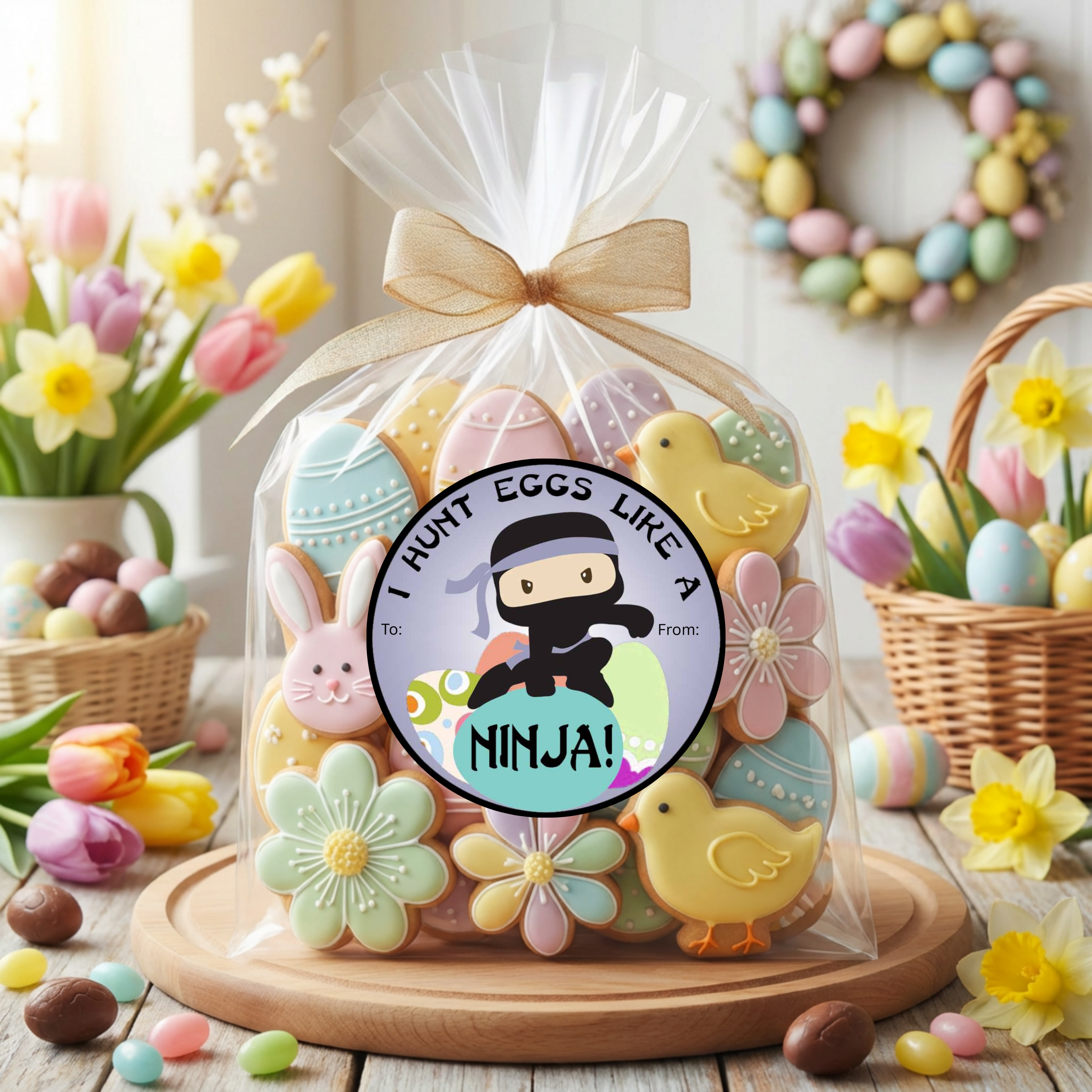Easter-themed cookies in a clear bag with a ninja label, surrounded by Easter decorations.