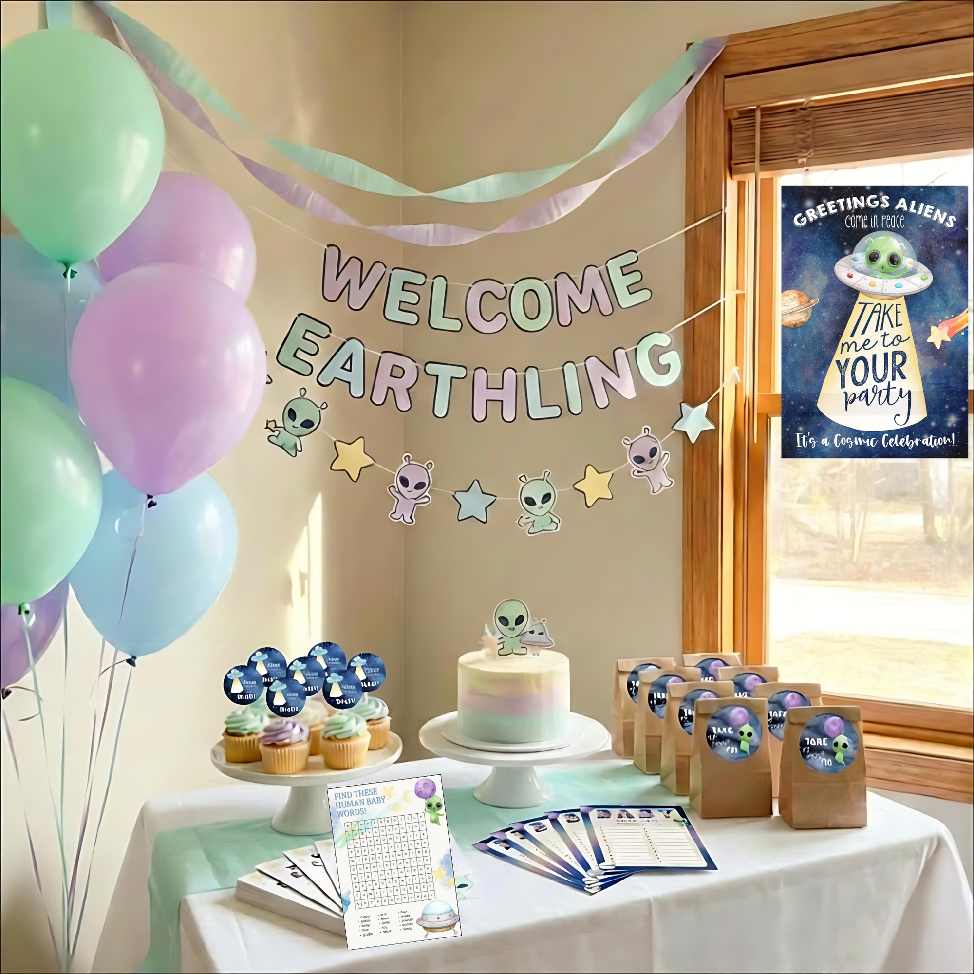 Welcome Our Tiny Human Alien Baby Shower Party Bundle Kit - Instant Download 10pc