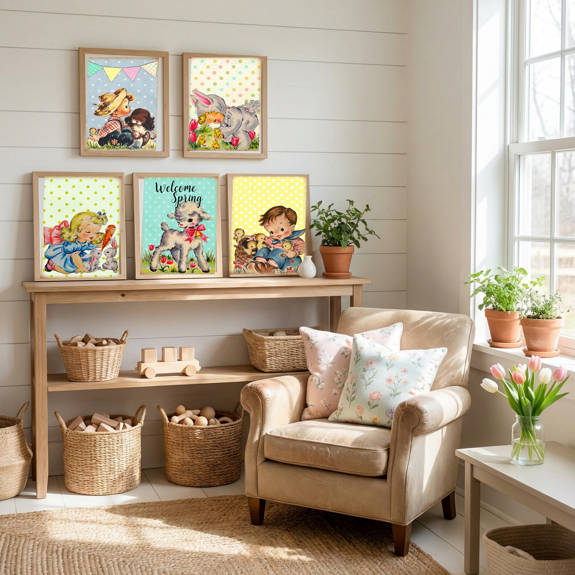 Vintage Spring Children Animal Wall Art Prints (Set of 5) - Digital Download