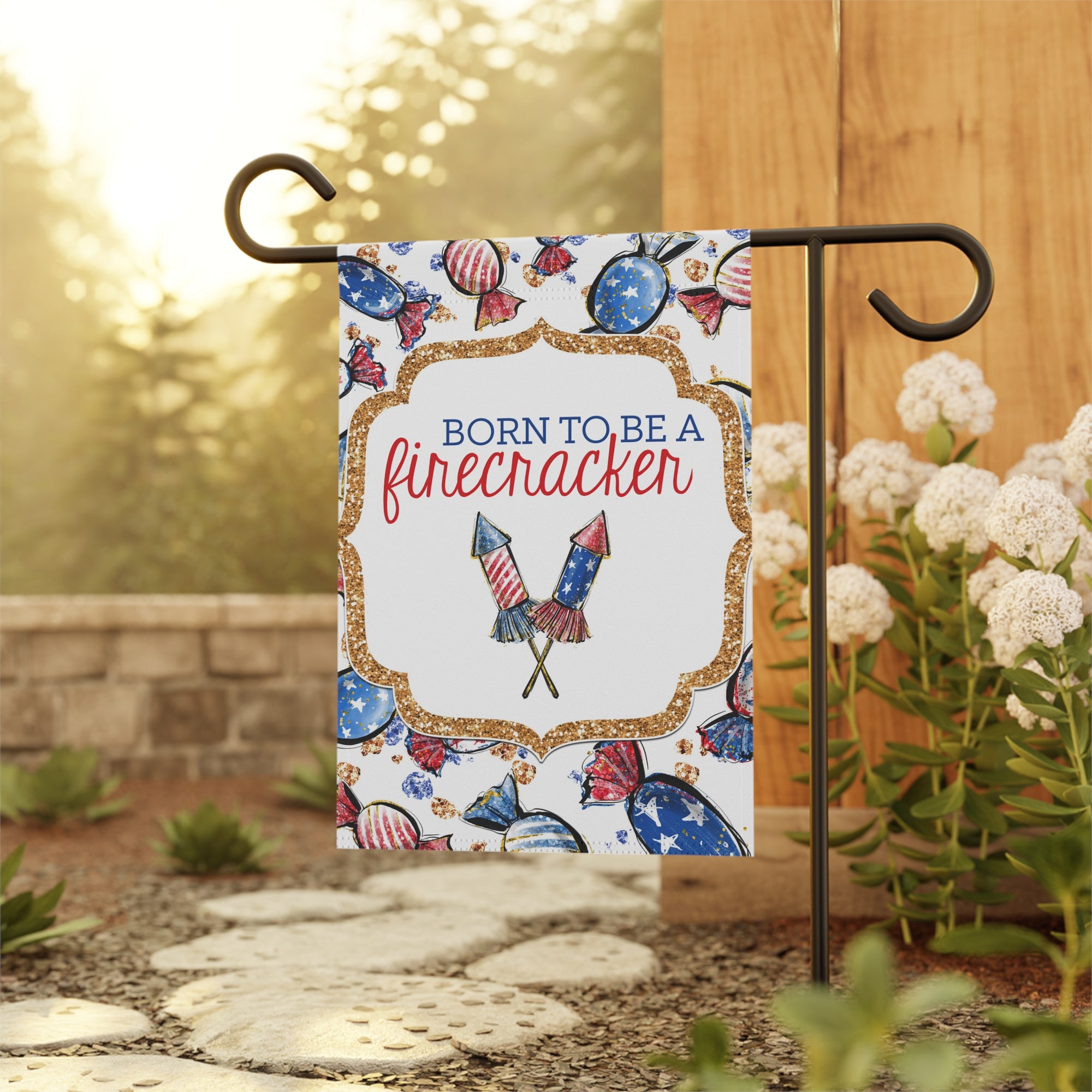 Snarky 4th of July garden flag displayed outdoors on a flag stand