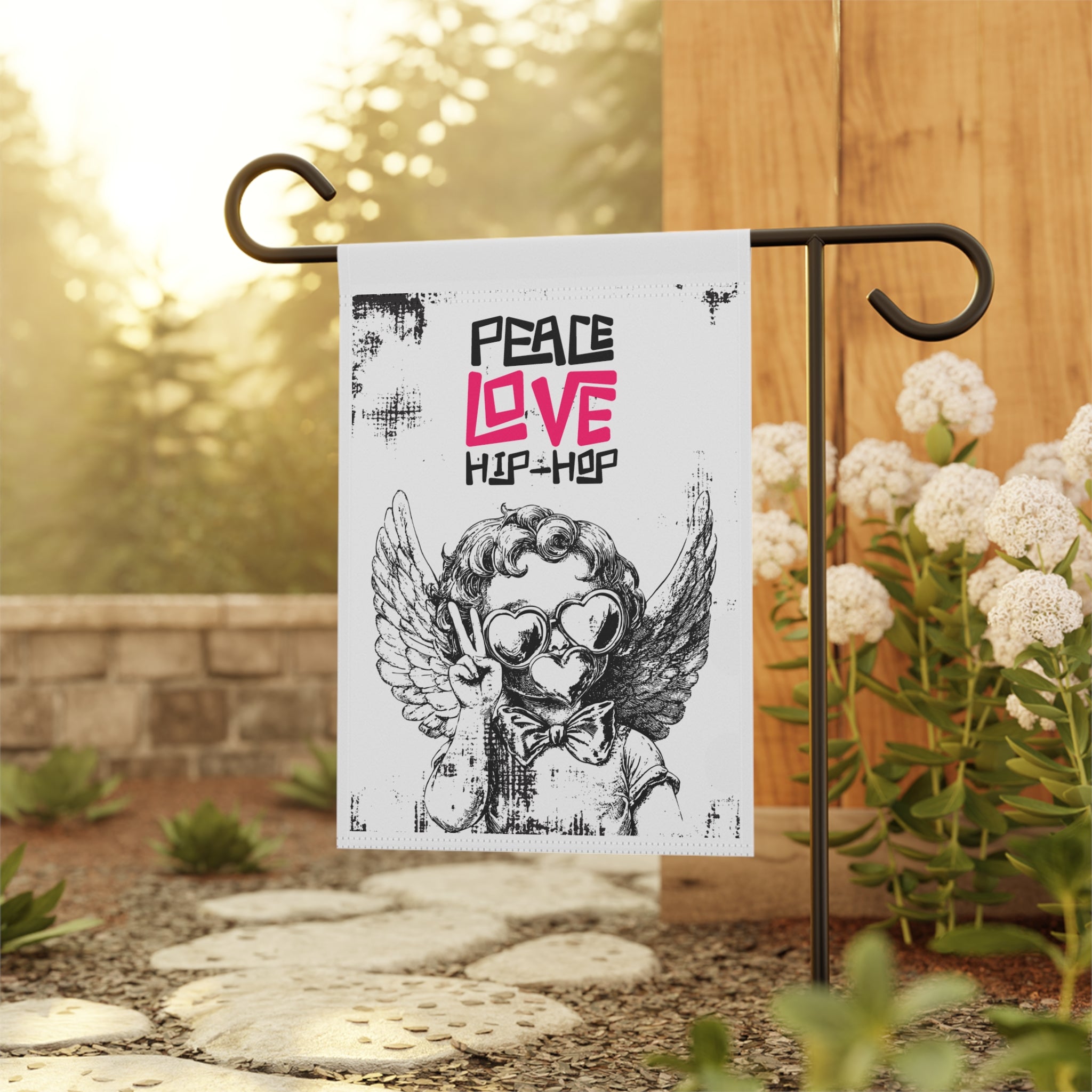 Retro hip hop music garden flag displayed outdoors on a porch flag stand