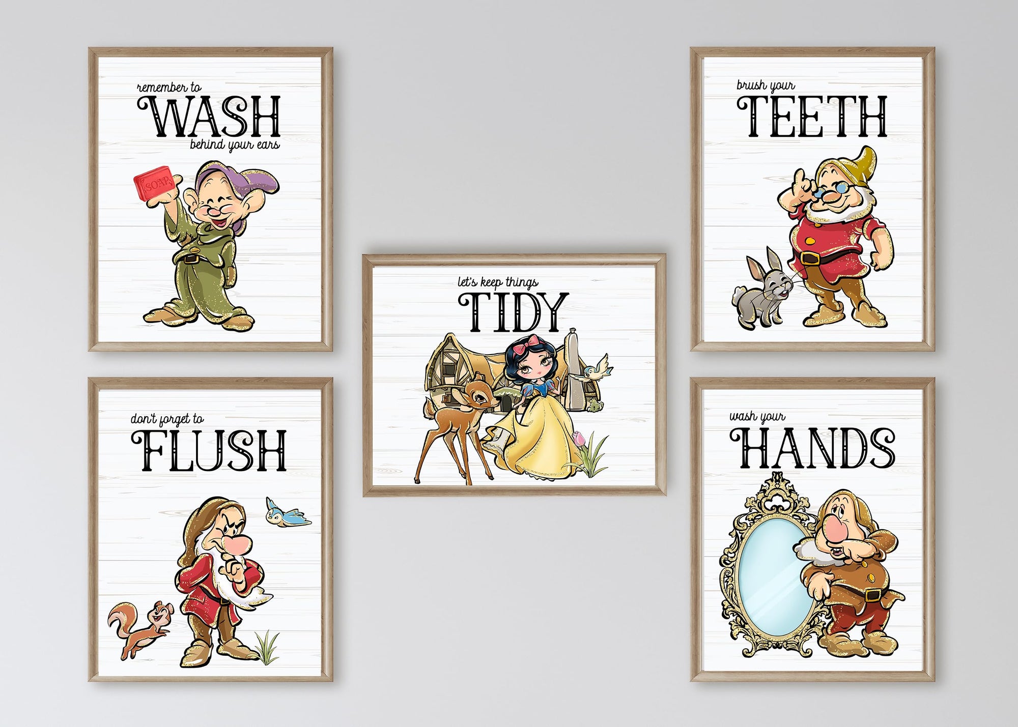 Fairy Tale Princess Bathroom Wall Art Prints - Set of 5