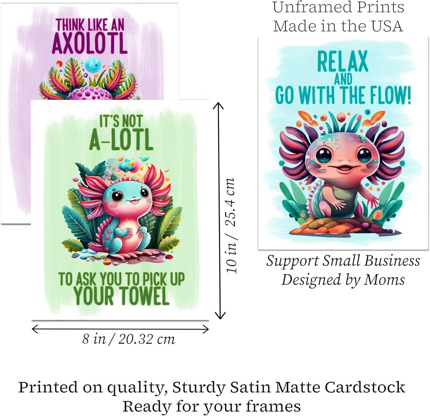 Darling Axolotl Themed Bathroom Wall Art Decor (Set of Four) Wash Fins Hang Towel Enjoy Bubbles Bath Prints Picture Sign Poster Hanging