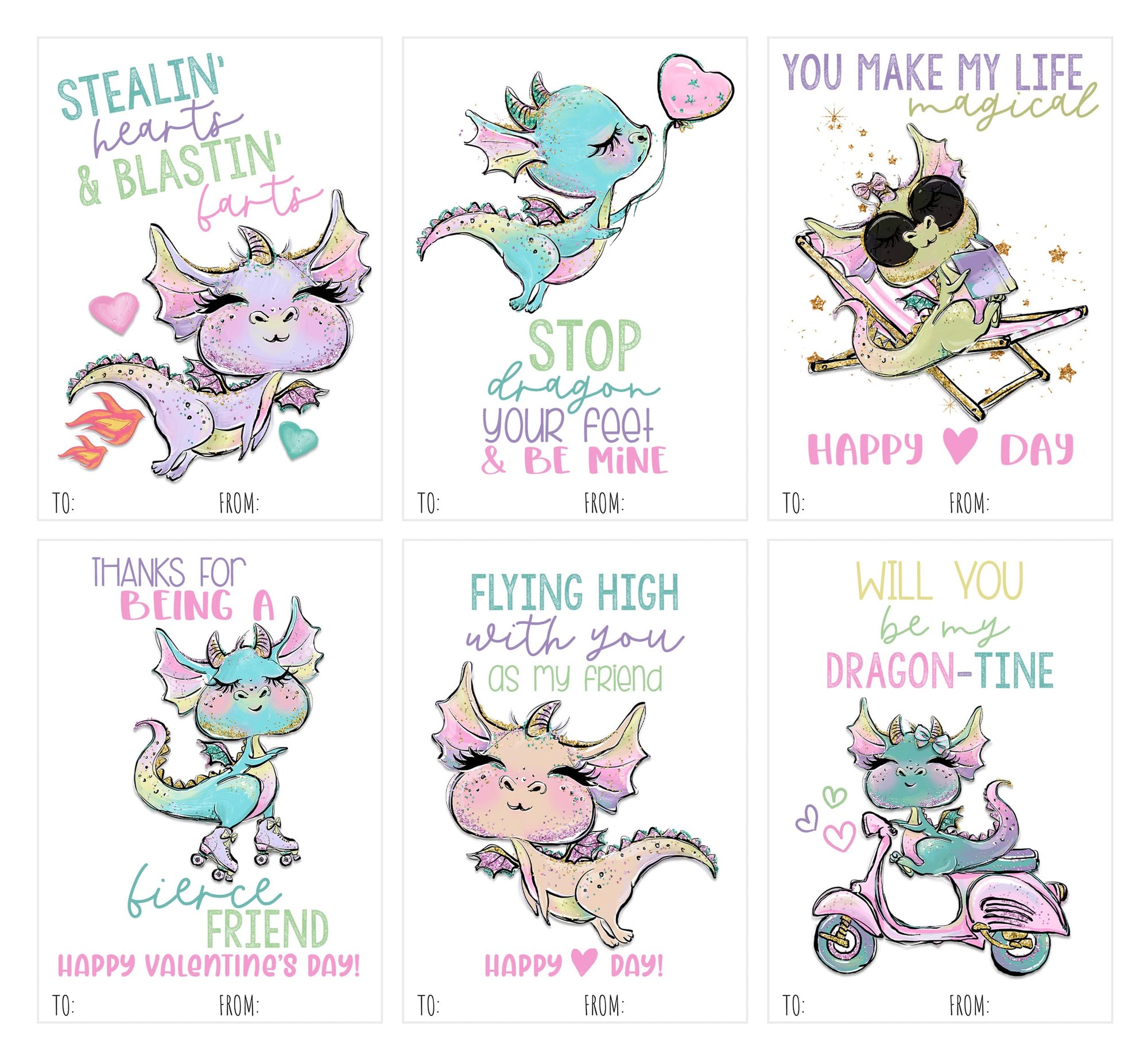 Colorful Fun Dragon Themed Valentines Day Card Pack (Set of 24) Classroom Valentine's Party for Kids School Sharing Exchange Class