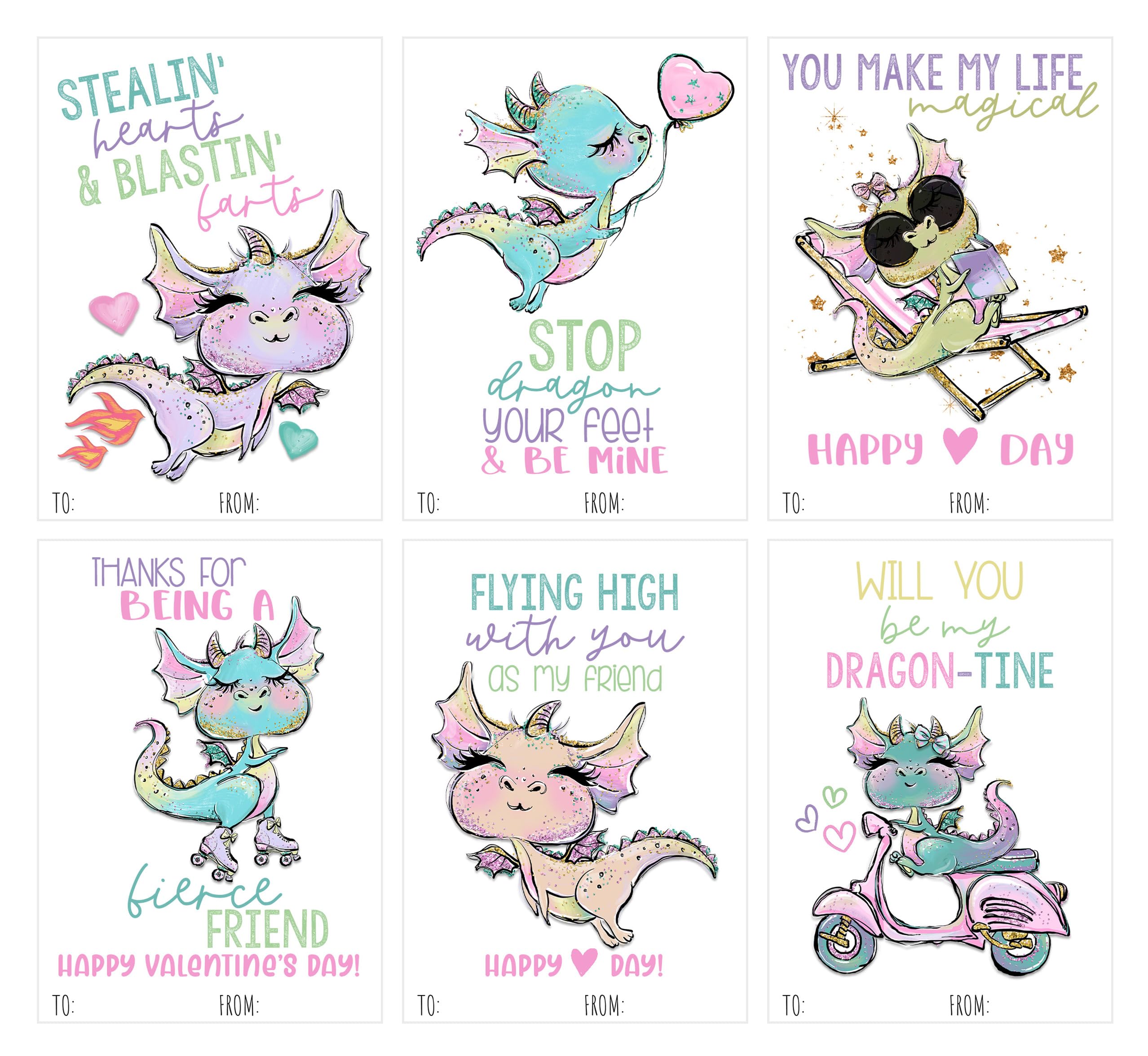 Colorful Fun Dragon Themed Valentines Day Card Pack (Set of 24) Classroom Valentine's Party for Kids School Sharing Exchange Class
