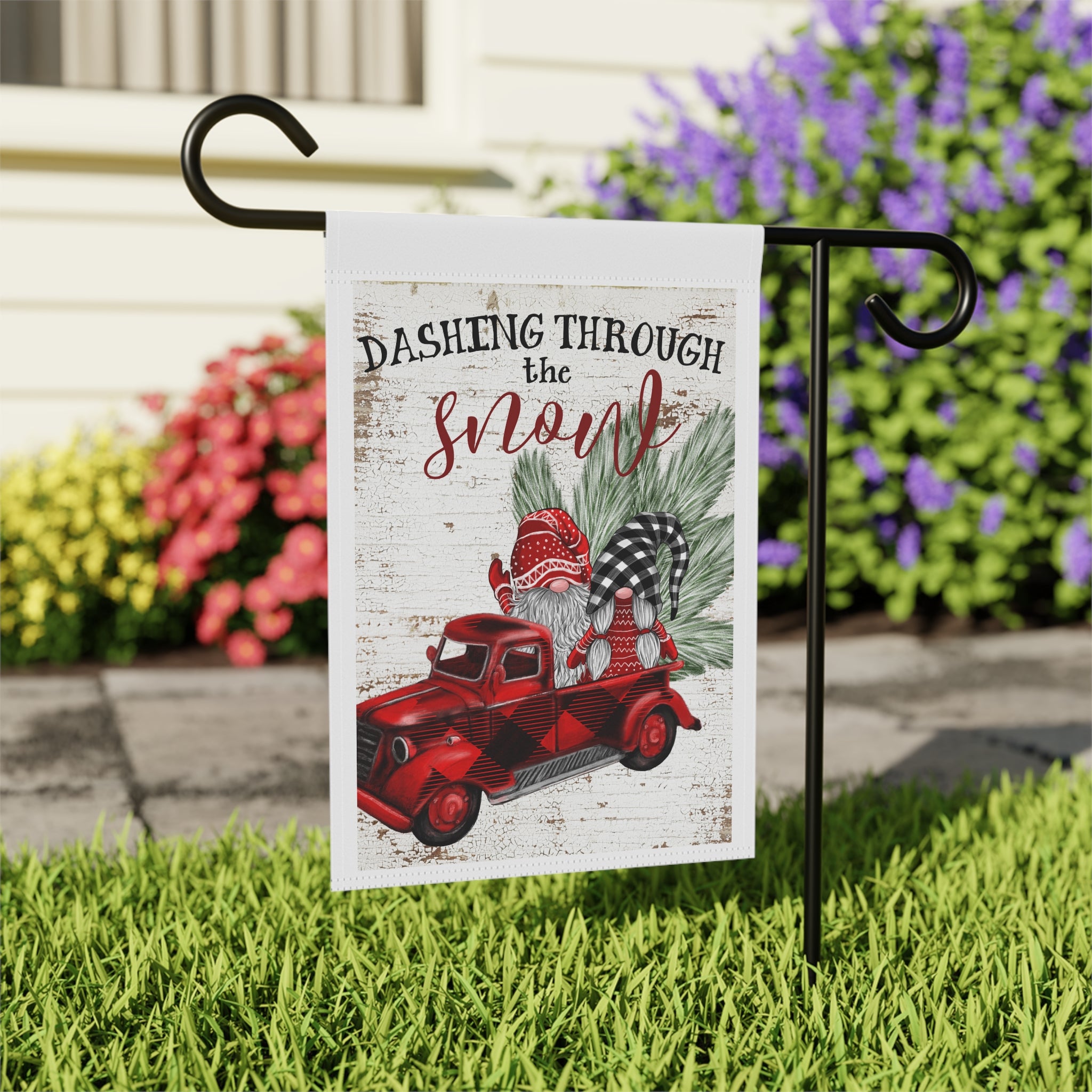 Dashing Through the Snow - Christmas Vintage Pickup Truck Gnome Garden Flag