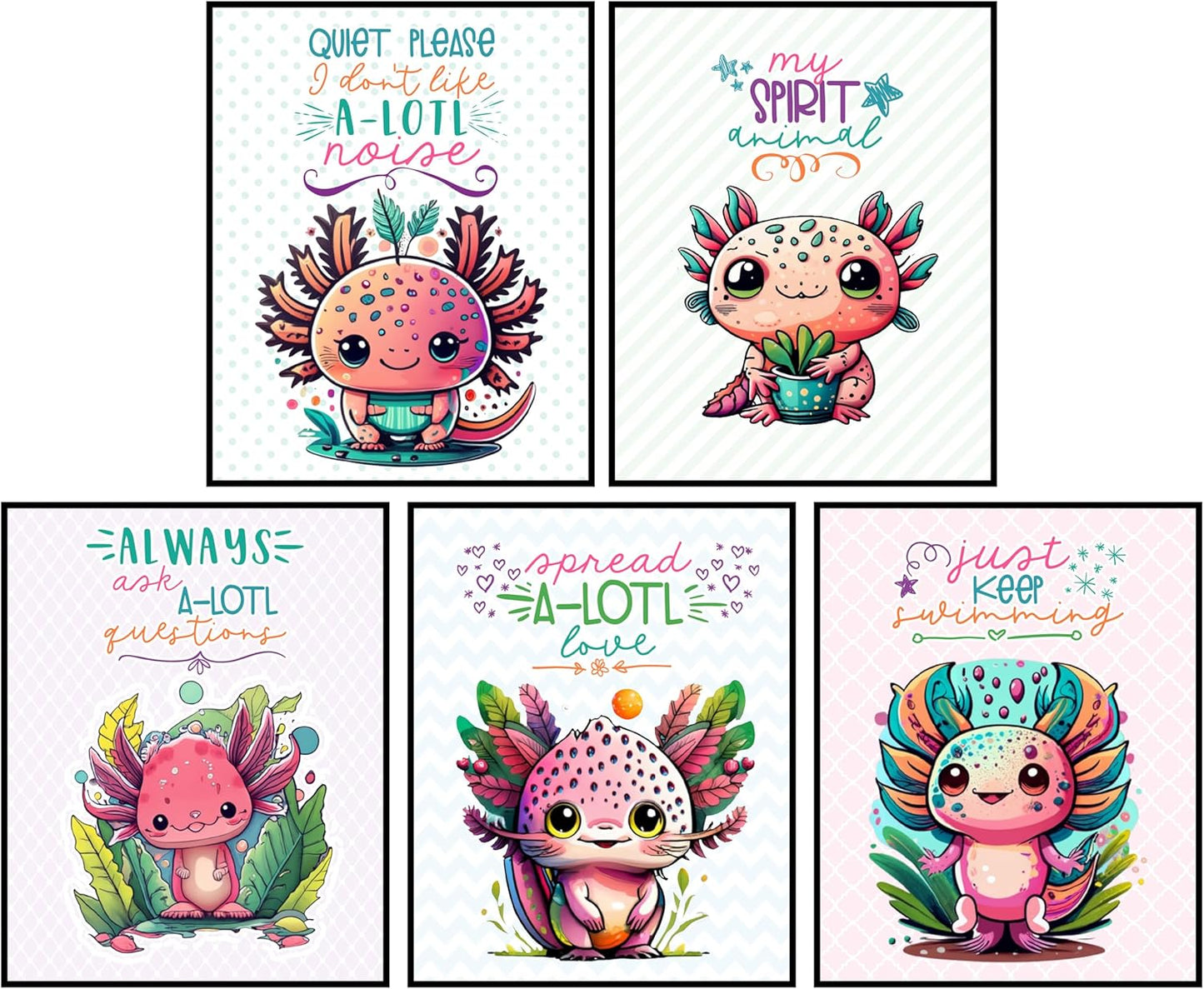 Silly Goose Gifts Spread A-Lotl Love - Axolotl Is My Spirit Animal Themed Room Wall Art Decor (Set of Five) Picture Hanging Poster Sign No Frames