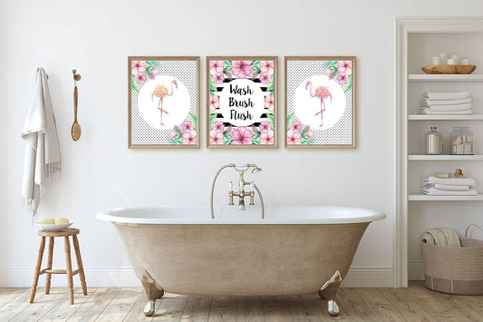 Silly Goose Gifts Flamingo Bathroom Decoration Decor Wall Art Set (Set of Three) Wash Brush Flush Floral Black White