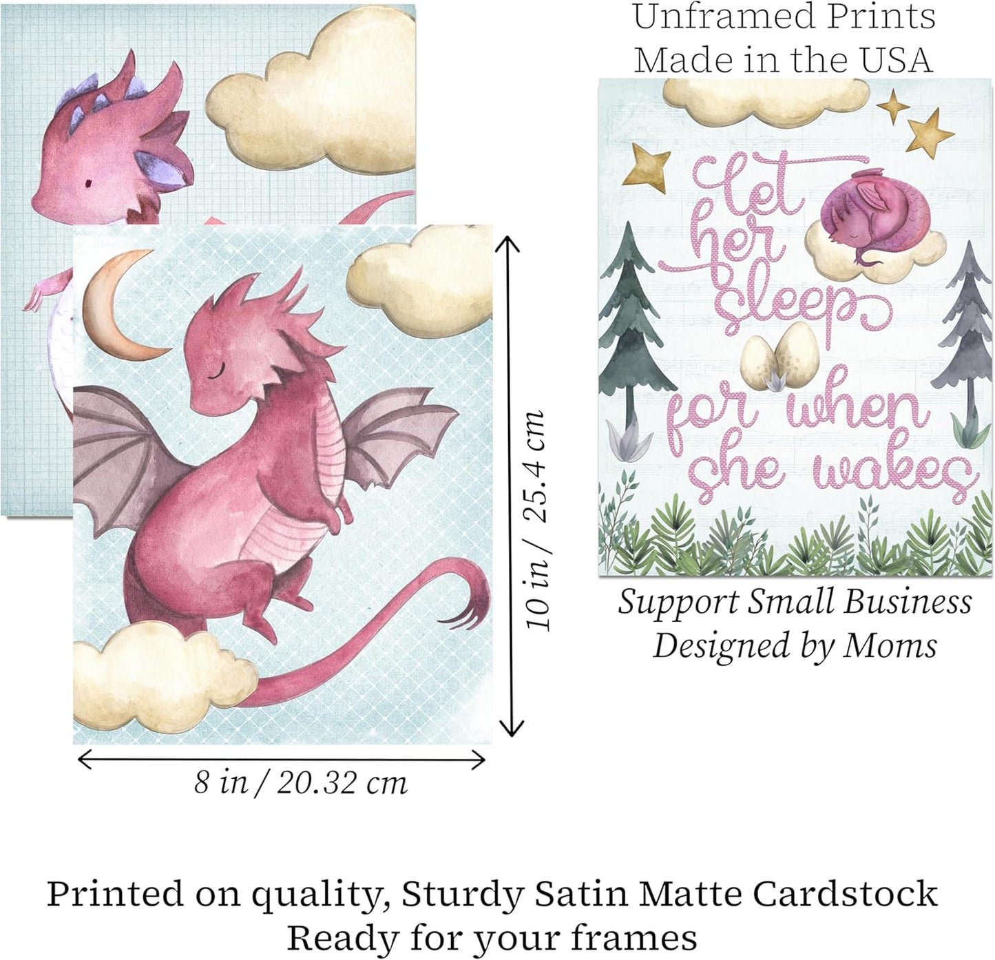 Silly Goose Gifts Let Her Sleep - Pink Dragon Themed Wall Art Prints (Set of 4) Hanging Picture Nursery Kids Room Decor 8x10in