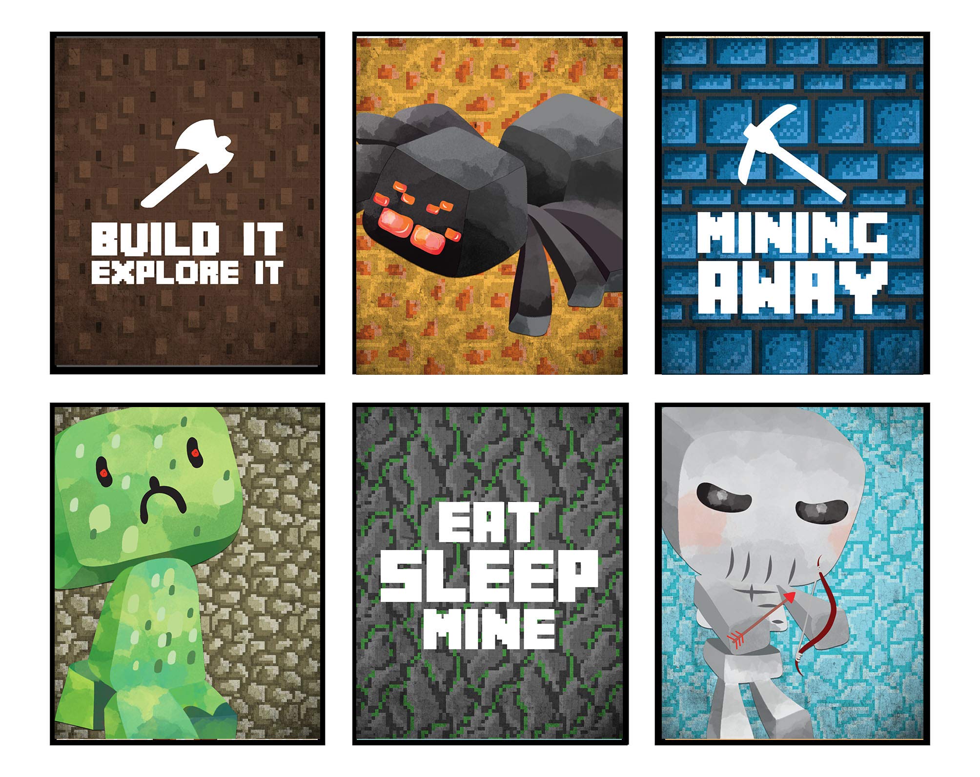 Silly Goose Gifts Build It Mining Away Eat Sleep Mine Pixel Wall Art Video Game Themed Poster Prints Set of Six, 8x10
