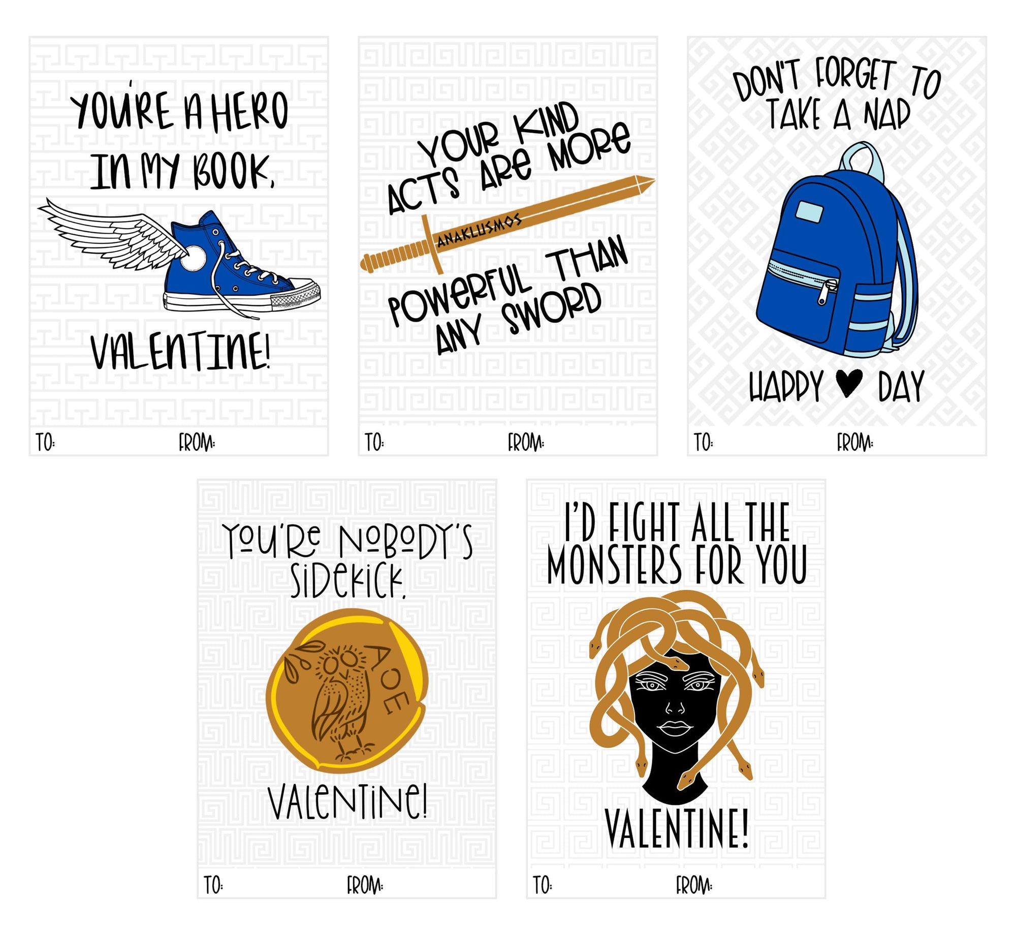 Greek Mythology Book Themed Valentines Day (Set of 25) Classroom Sharing Exchange Cards for Kids Valentine's Party Class School