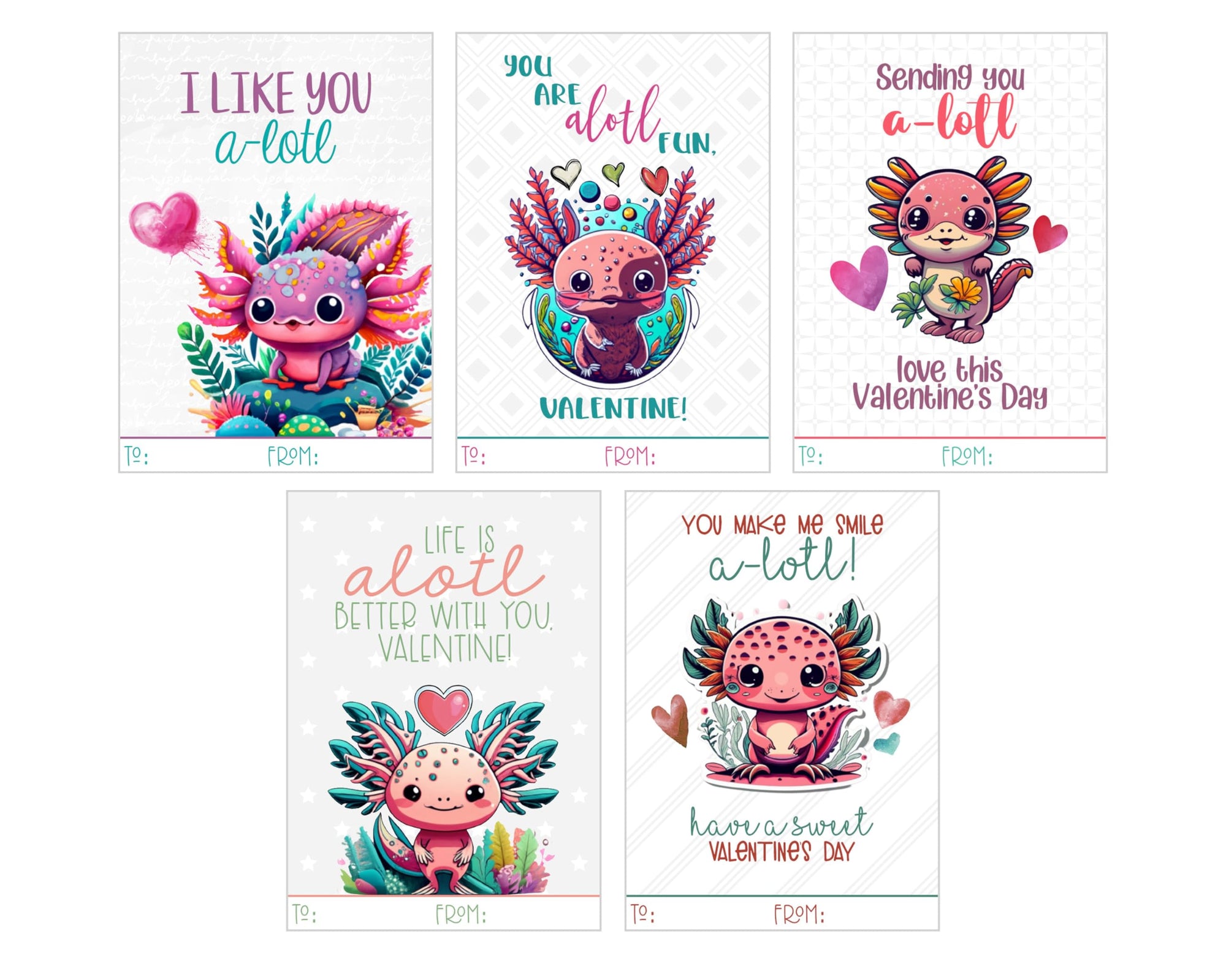 Axolotl Watercolor Themed Valentines Day Card for Kids School Classroom Exchange