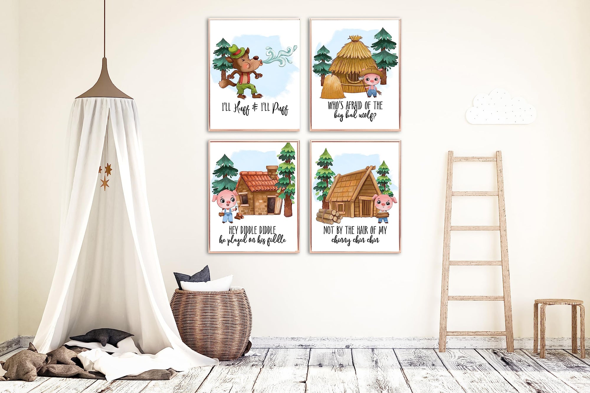 Three Little Pigs nursery rhyme kids wall art print set
