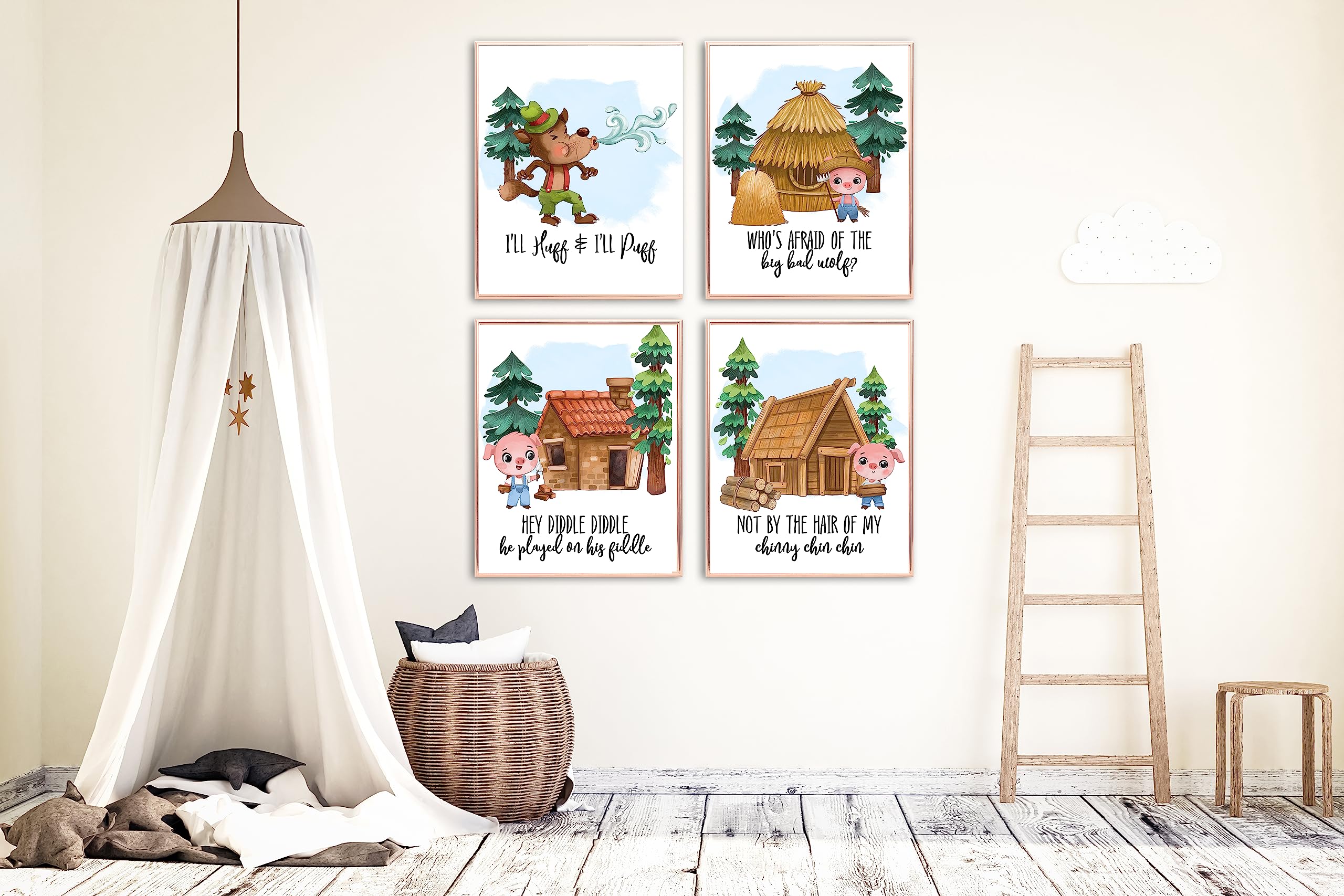 Three Little Pigs Nursery Rhyme Wall Art Prints - Kids Set