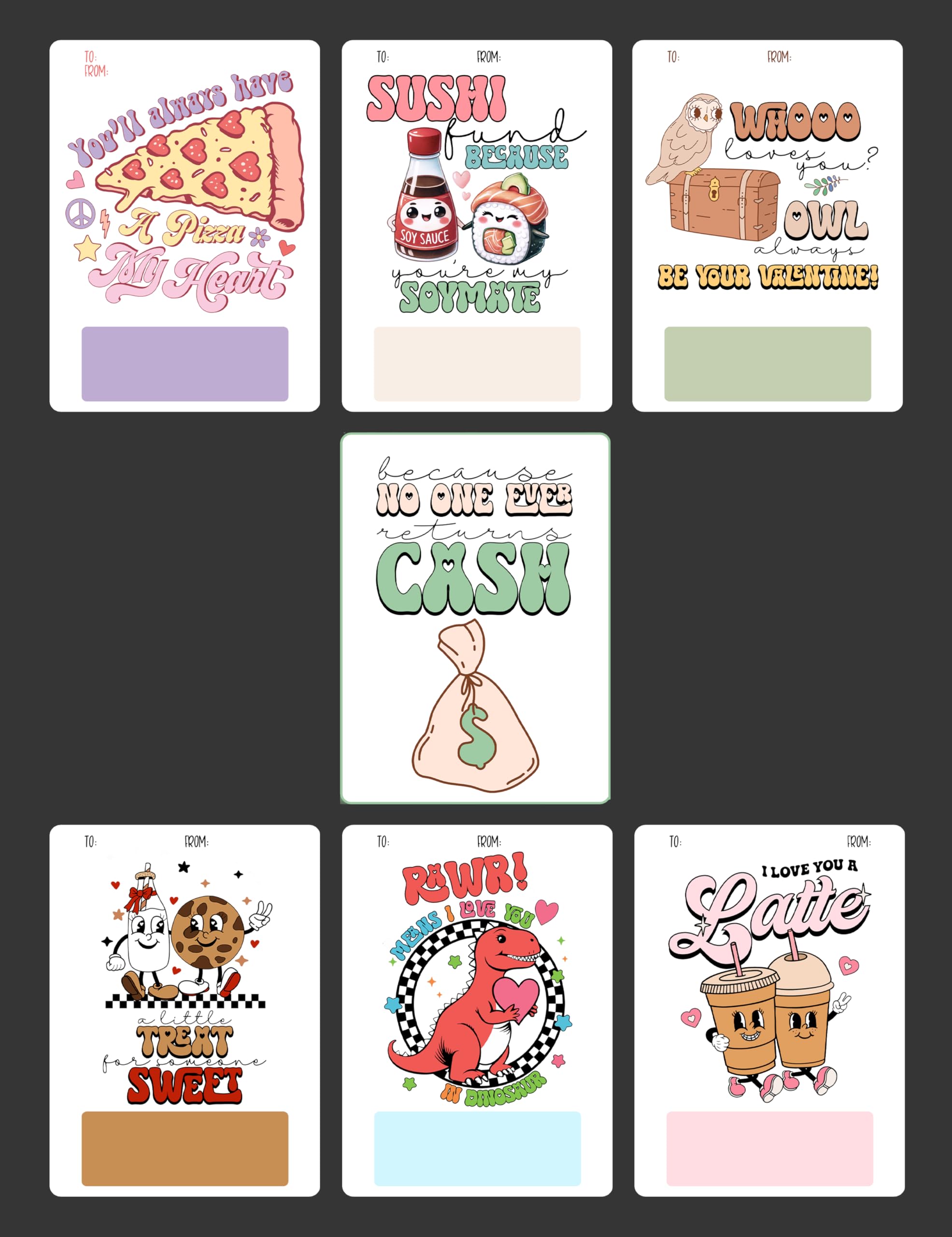 Set of six food pun Valentine money holder cards shown together