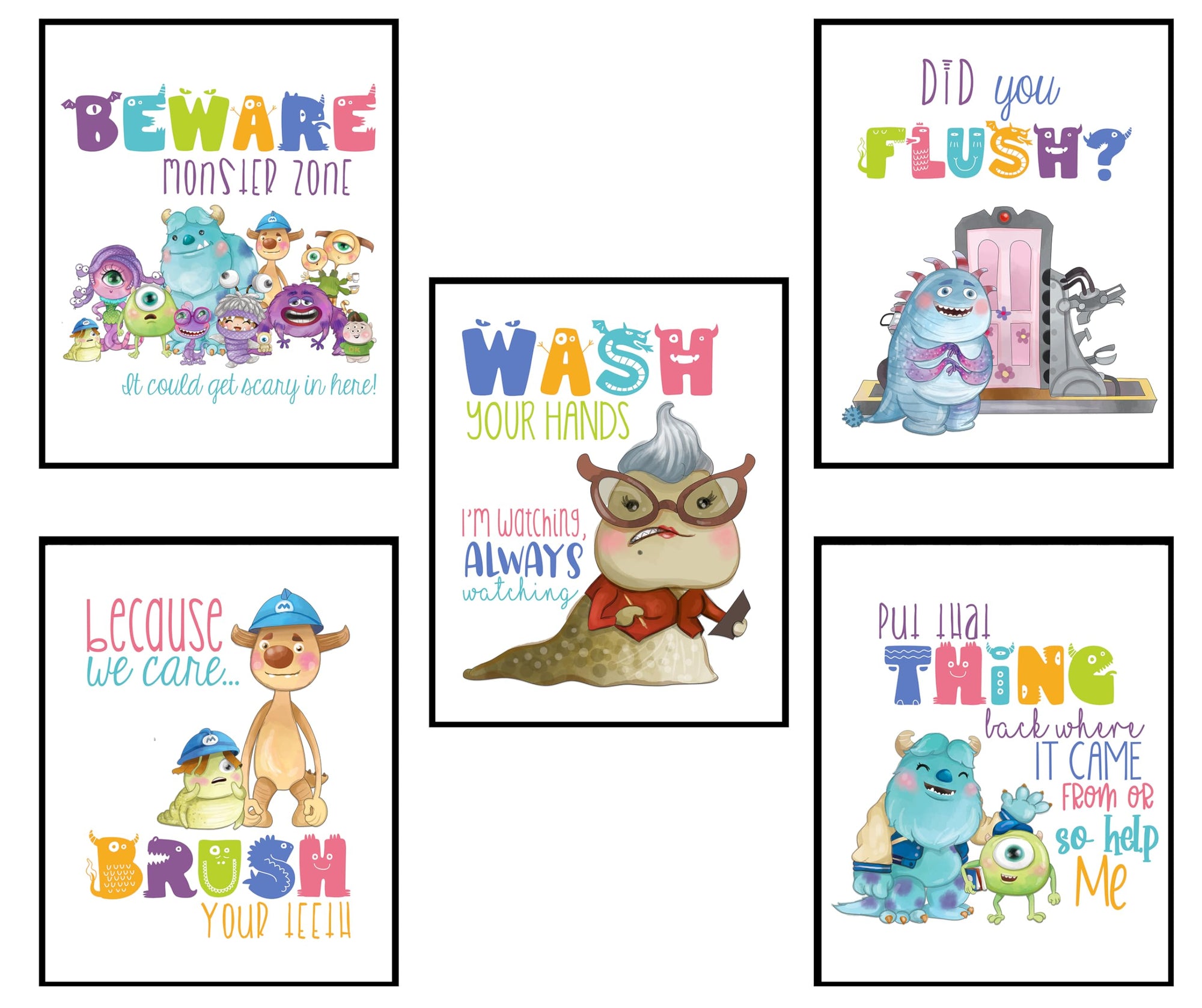 Because We Care, Brush Your Teeth! - Monsters Inc Themed Bathroom Wall Art Prints Decor (Set of 5) Poster Picture Bath