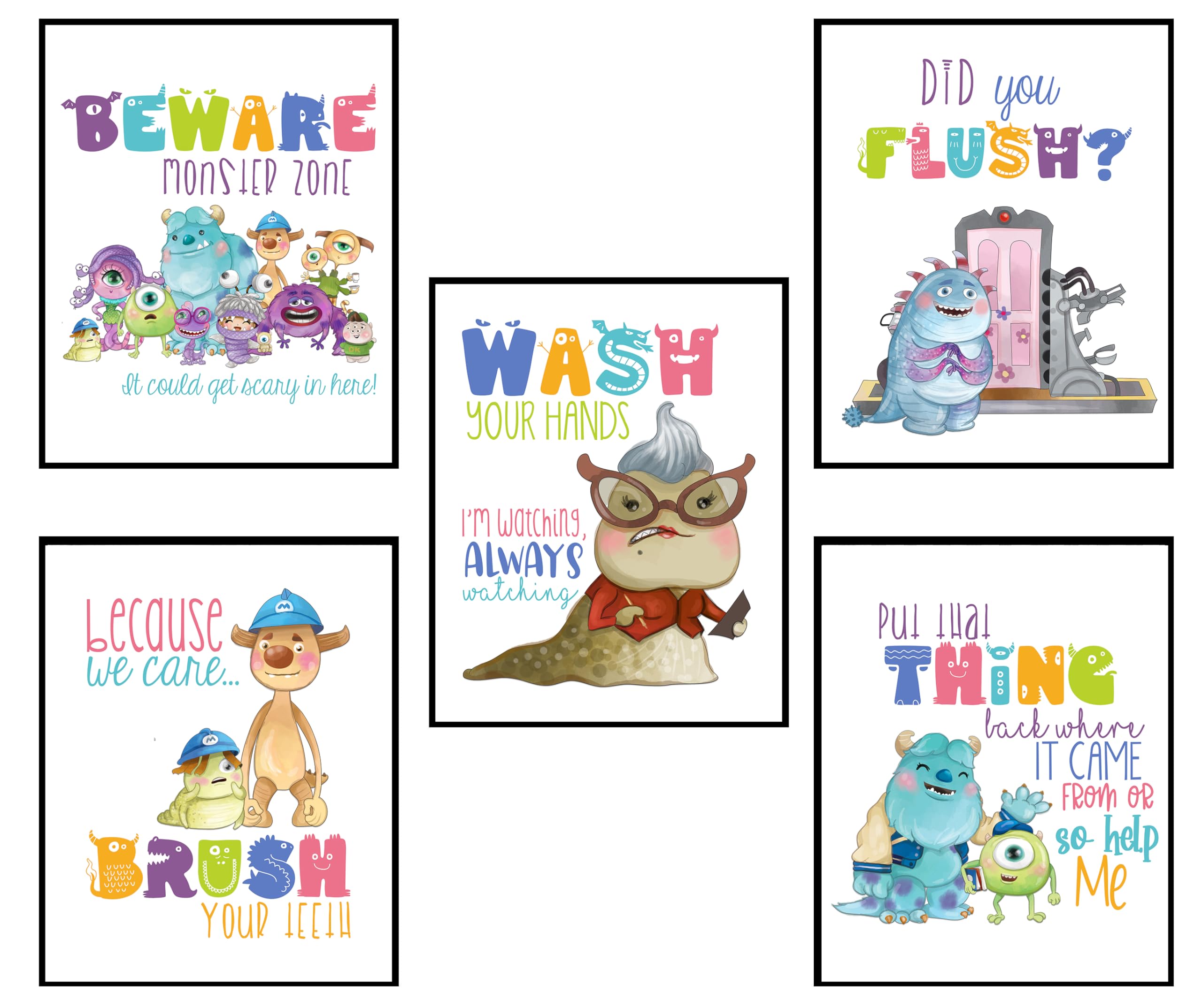 Because We Care, Brush Your Teeth! - Monsters Inc Themed Bathroom Wall Art Prints Decor (Set of 5) Poster Picture Bath