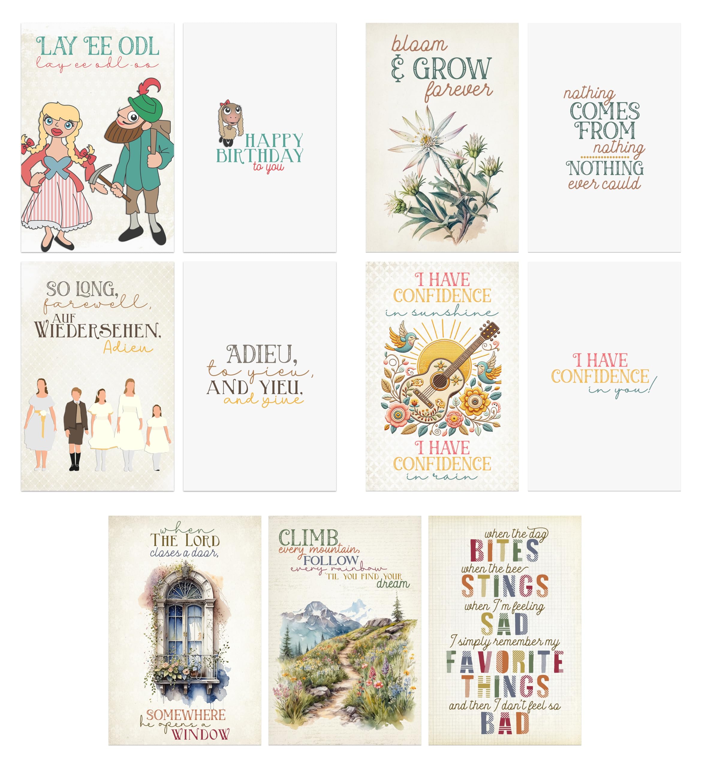 Whimsical musical film themed stationery greeting cards set of 7 with envelopes