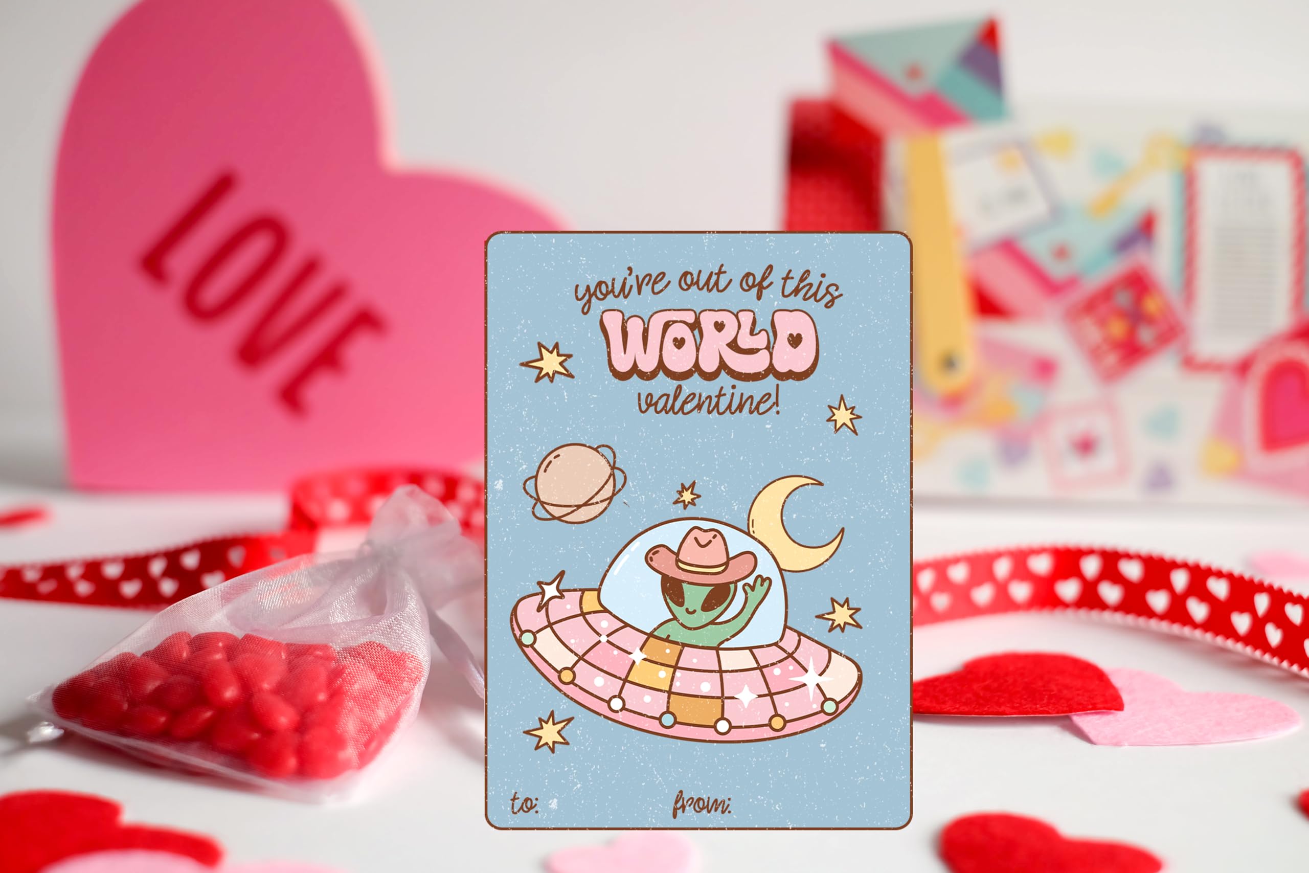 Retro Groovy Alien Valentine's Day Classroom Sharing Card Set of 24, Assorted Valentine Designs - You're My Favorite Earthling