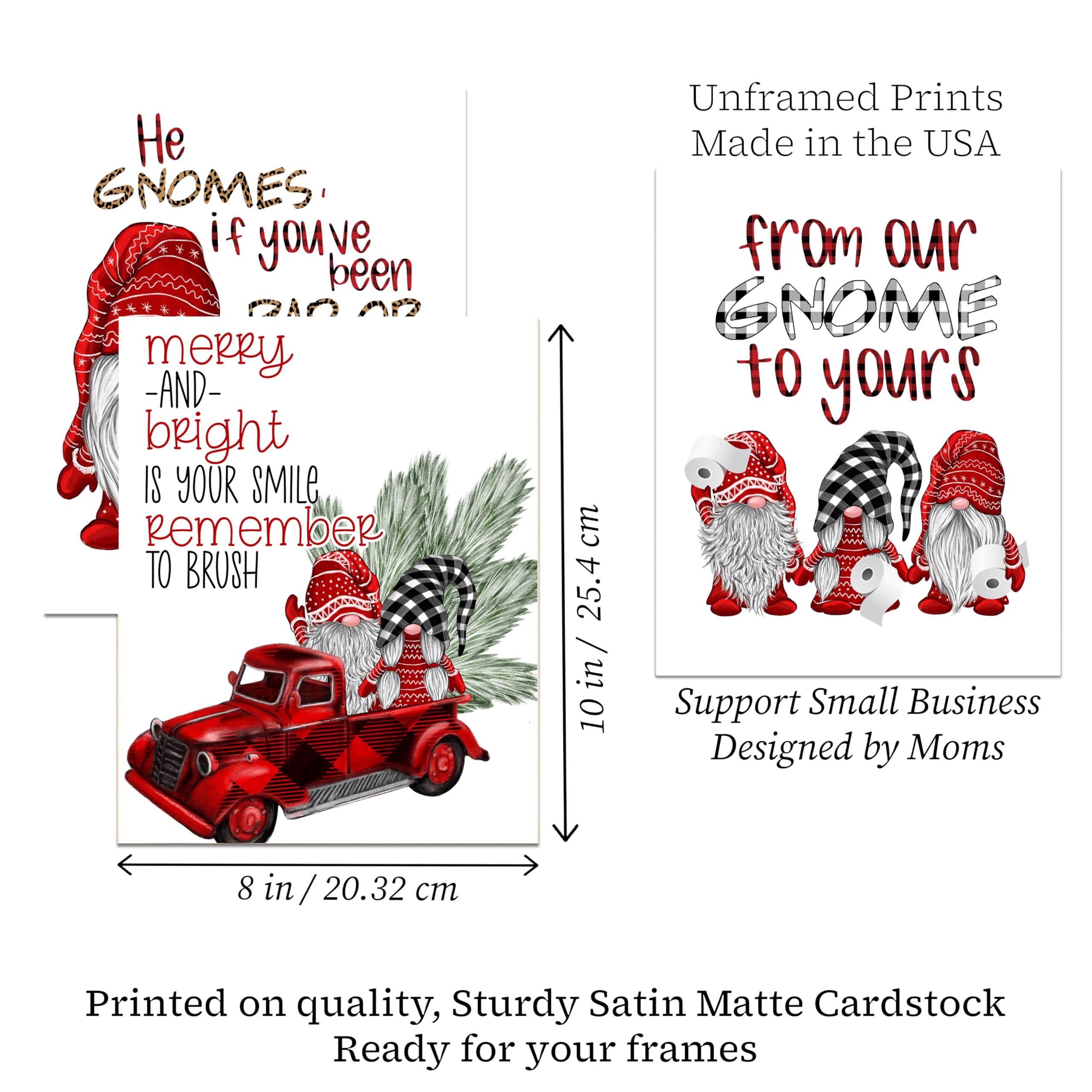 Christmas Gnome Buffalo Plaid Bathroom Wall Art Prints - Set