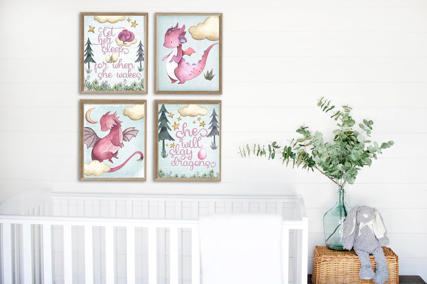 Silly Goose Gifts Let Her Sleep - Pink Dragon Themed Wall Art Prints (Set of 4) Hanging Picture Nursery Kids Room Decor 8x10in