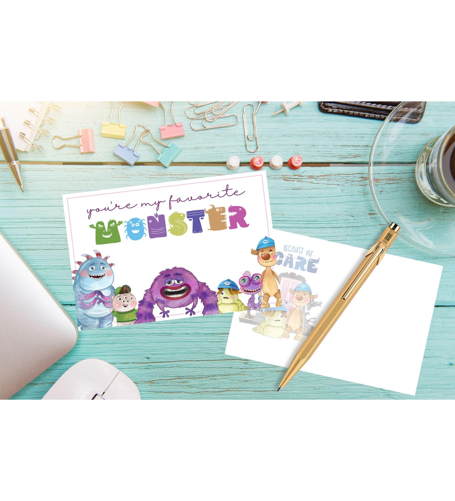 Back of furry monster postcard with space for stamp address and note over faded monster scene