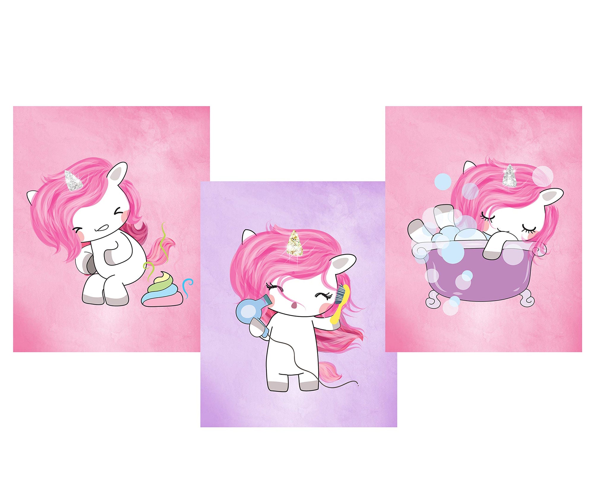 Magical Unicorn Bathroom Wall Art Prints - Set of 3