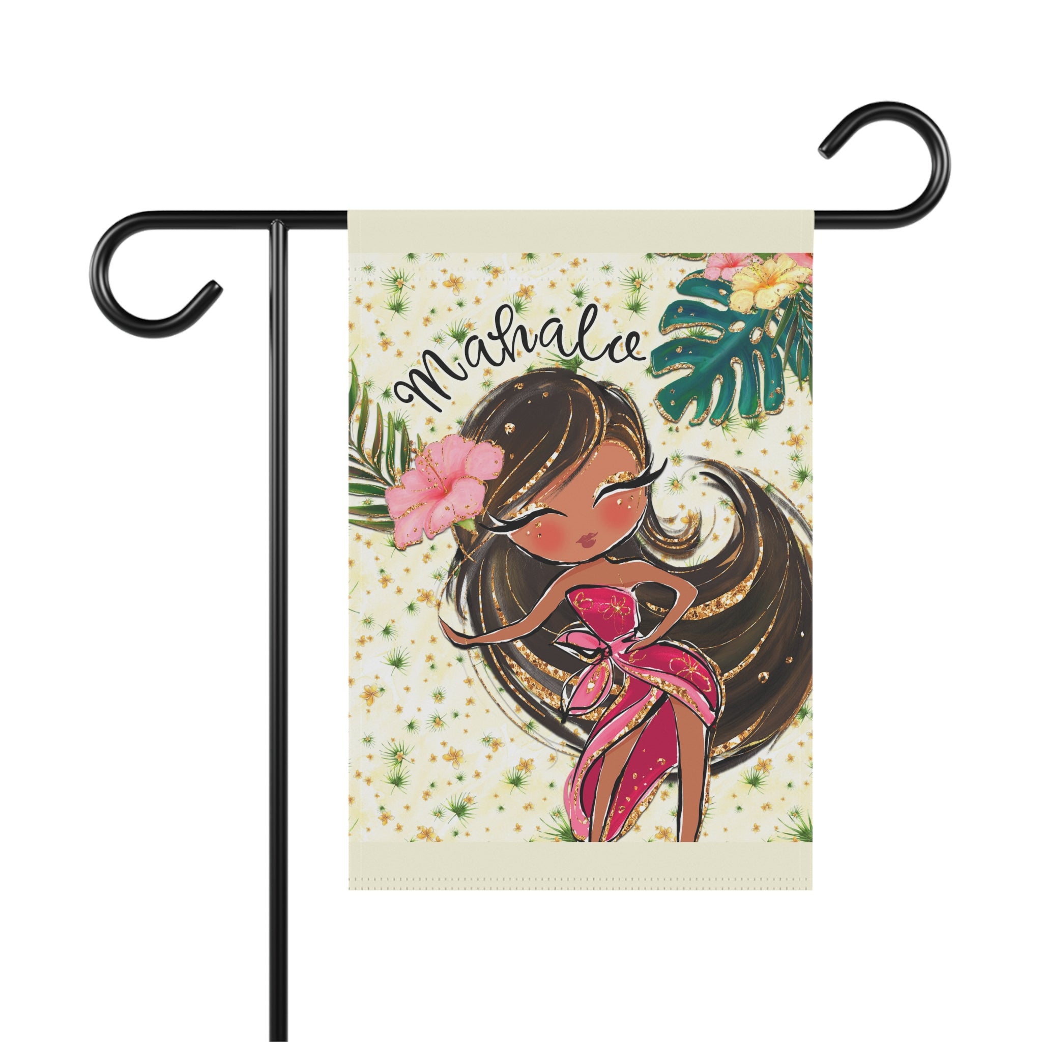 Mahalo Tropical garden flag with bright Hawaiian florals and aloha typography