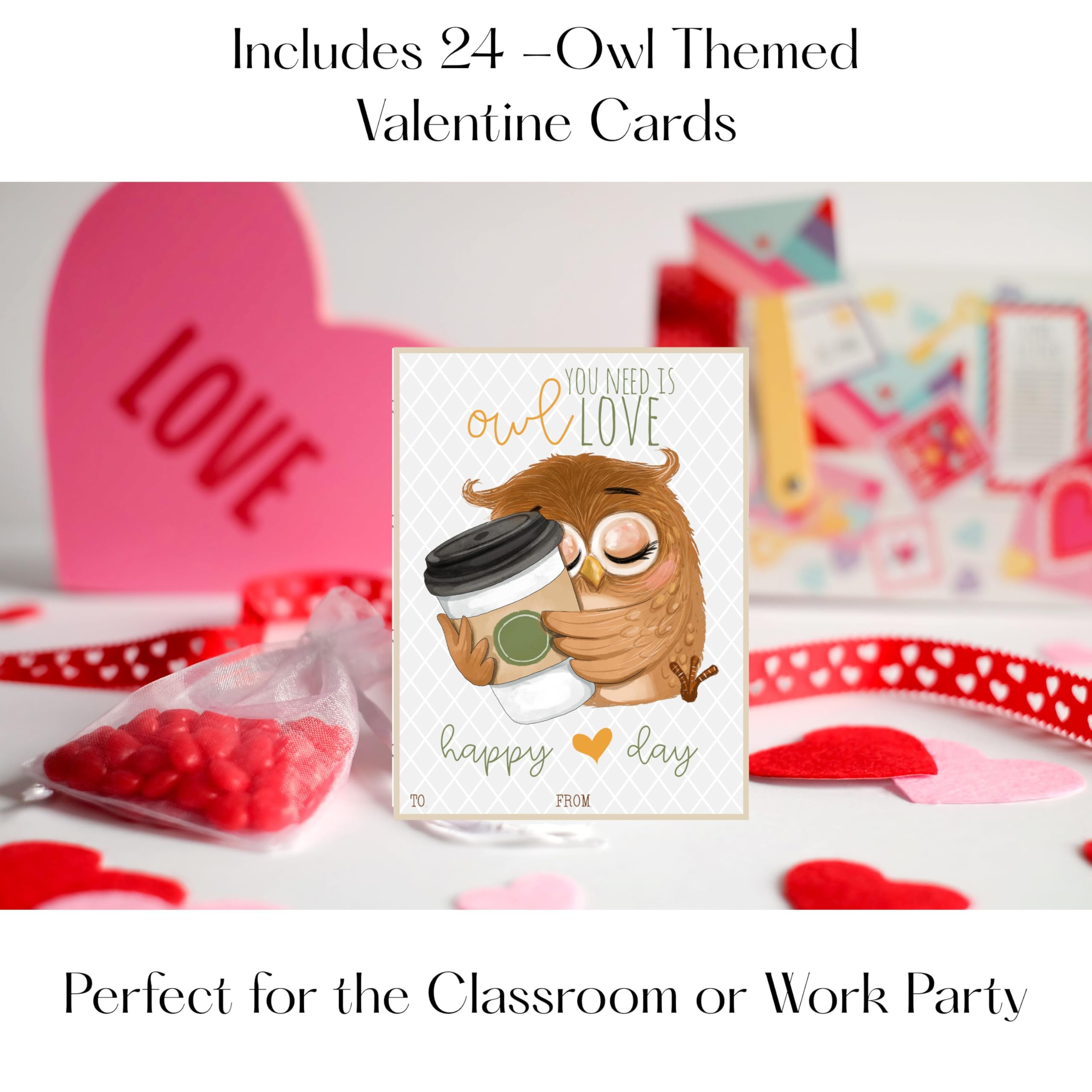 Owl and Coffee Themed Valentine Day Classroom Sharing Cards (Set of 24) Valentine's Party Exchange