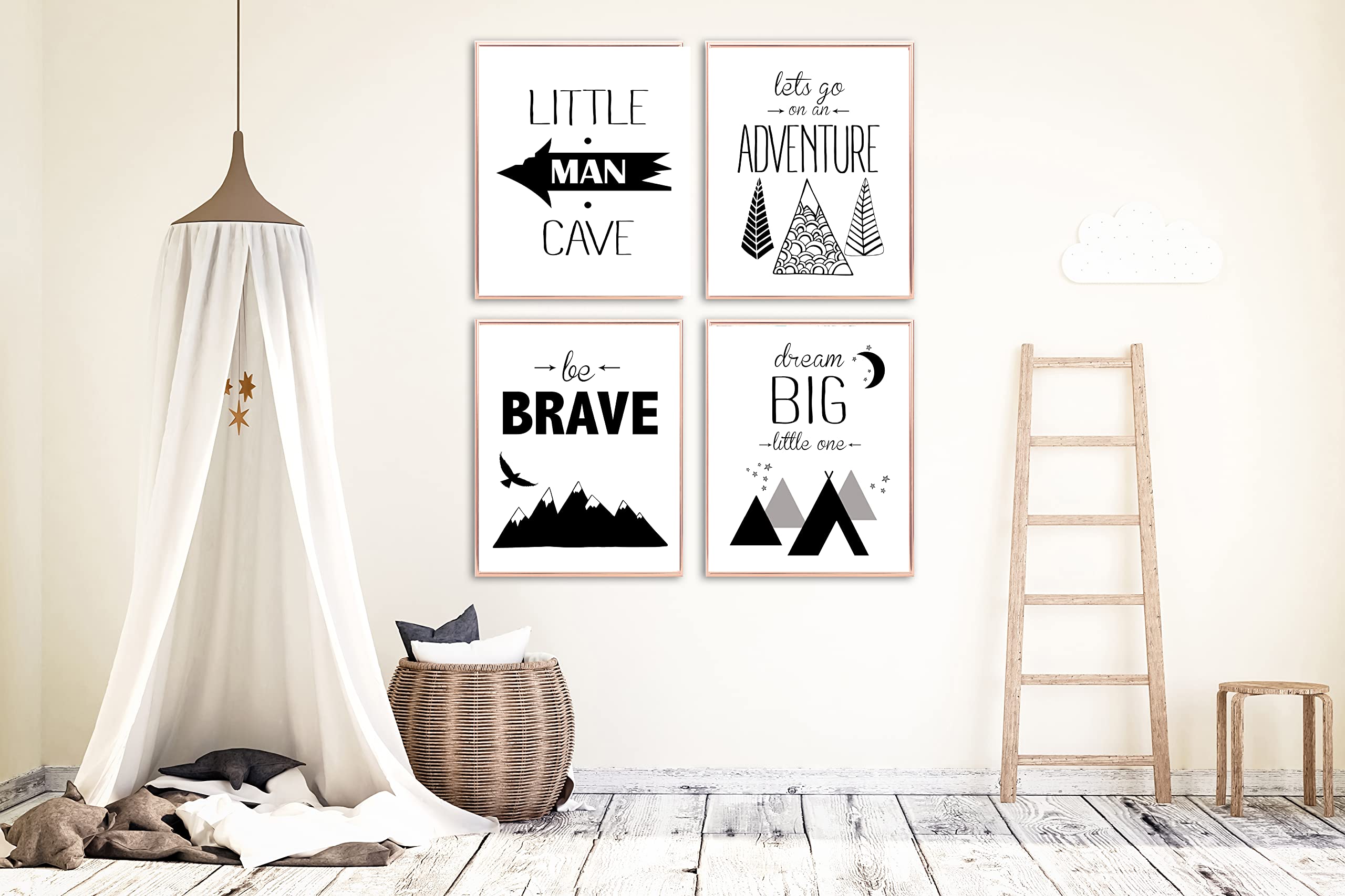 Brave Little Man Cave Adventure Nursery Wall Art Prints - Black White Grey