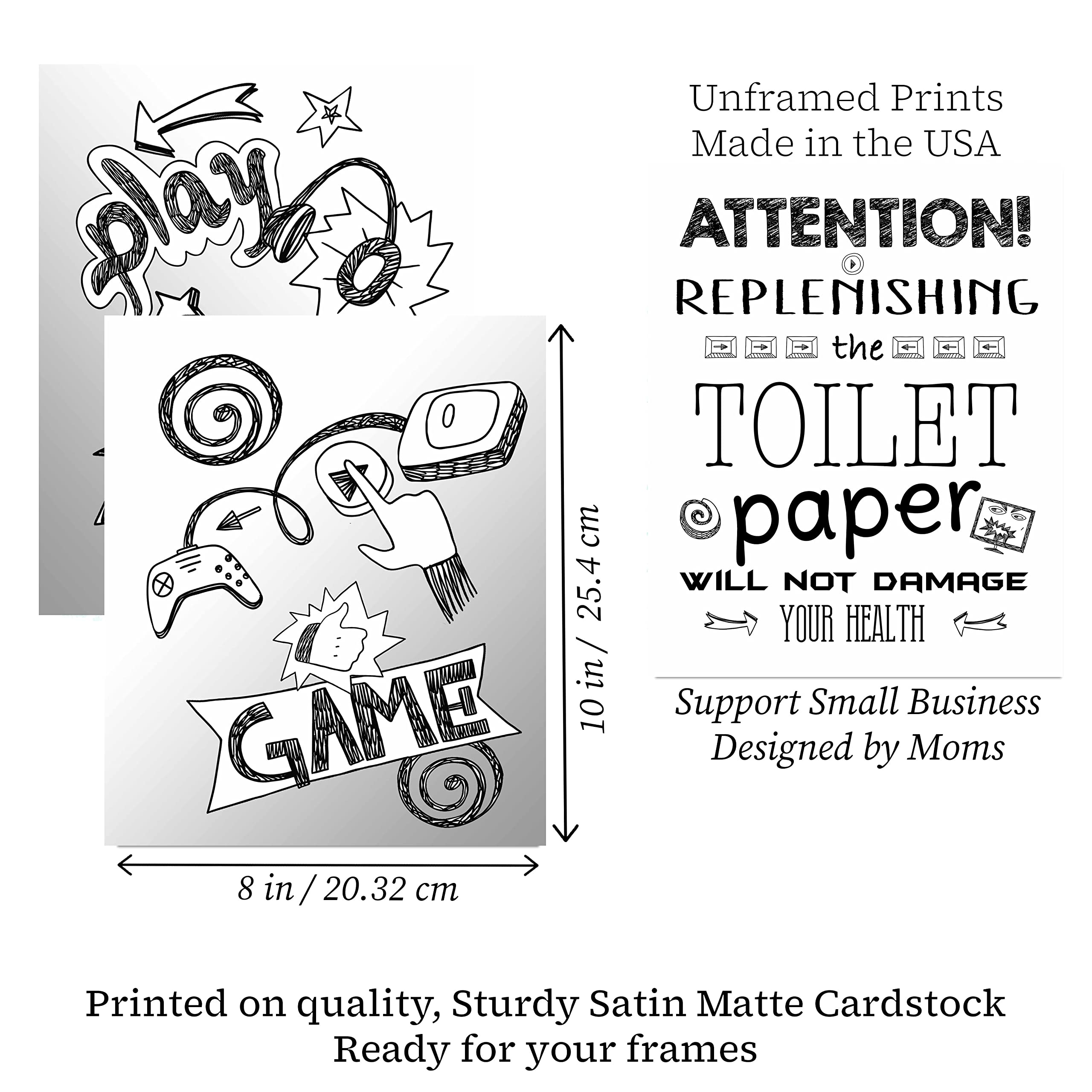 Video Game Themed Art Print Bathroom Wall Decoration (Set or Three) Gamer Gaming Bath Sign Poster Picture