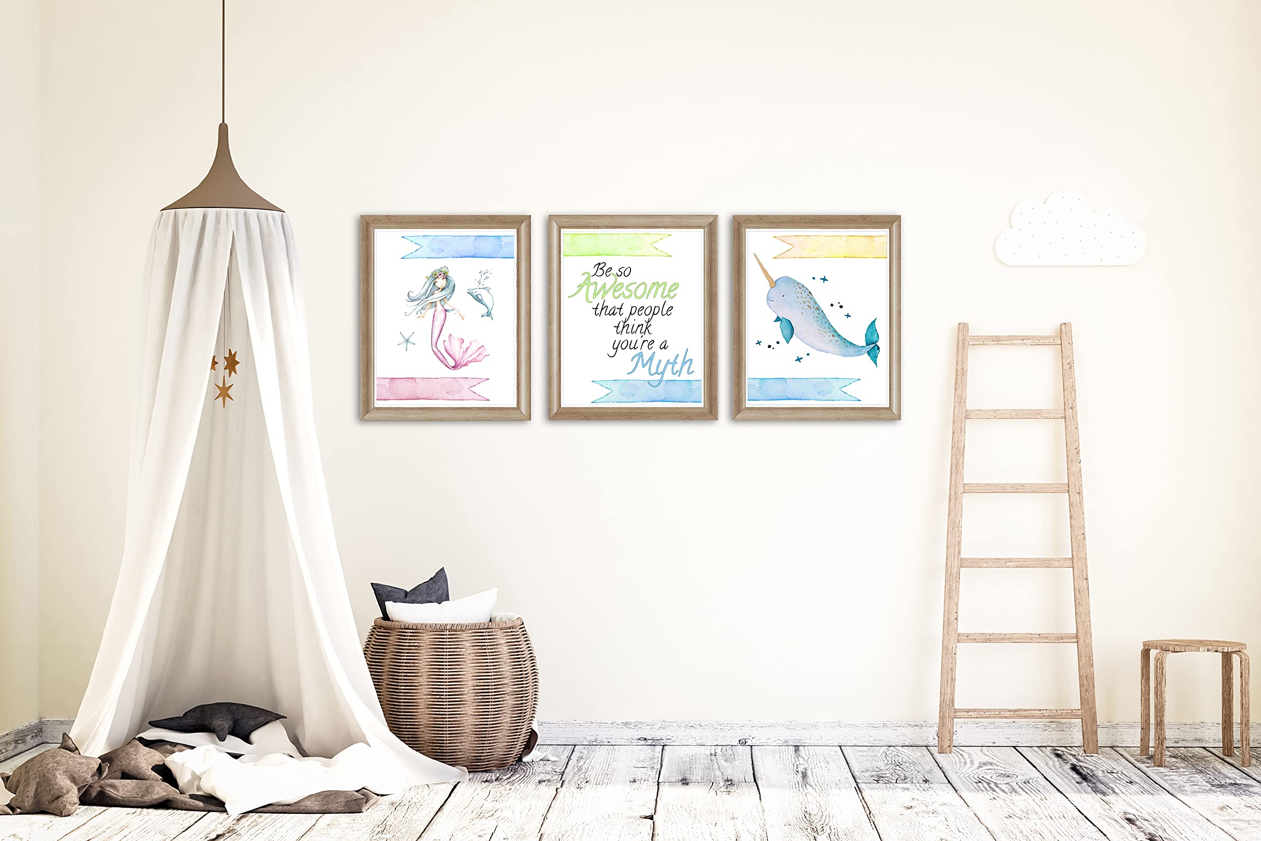 Be So Awesome People Think You're A Myth Narwhal & Mermaid Prints - Set of 3