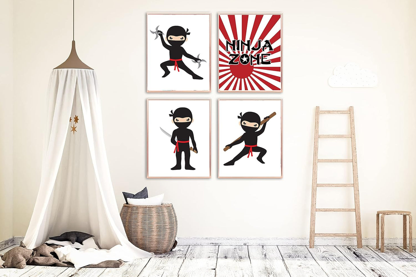 Ninja Zone Star Red White Black Wall Art Decor (Set of Four) Room Decoration