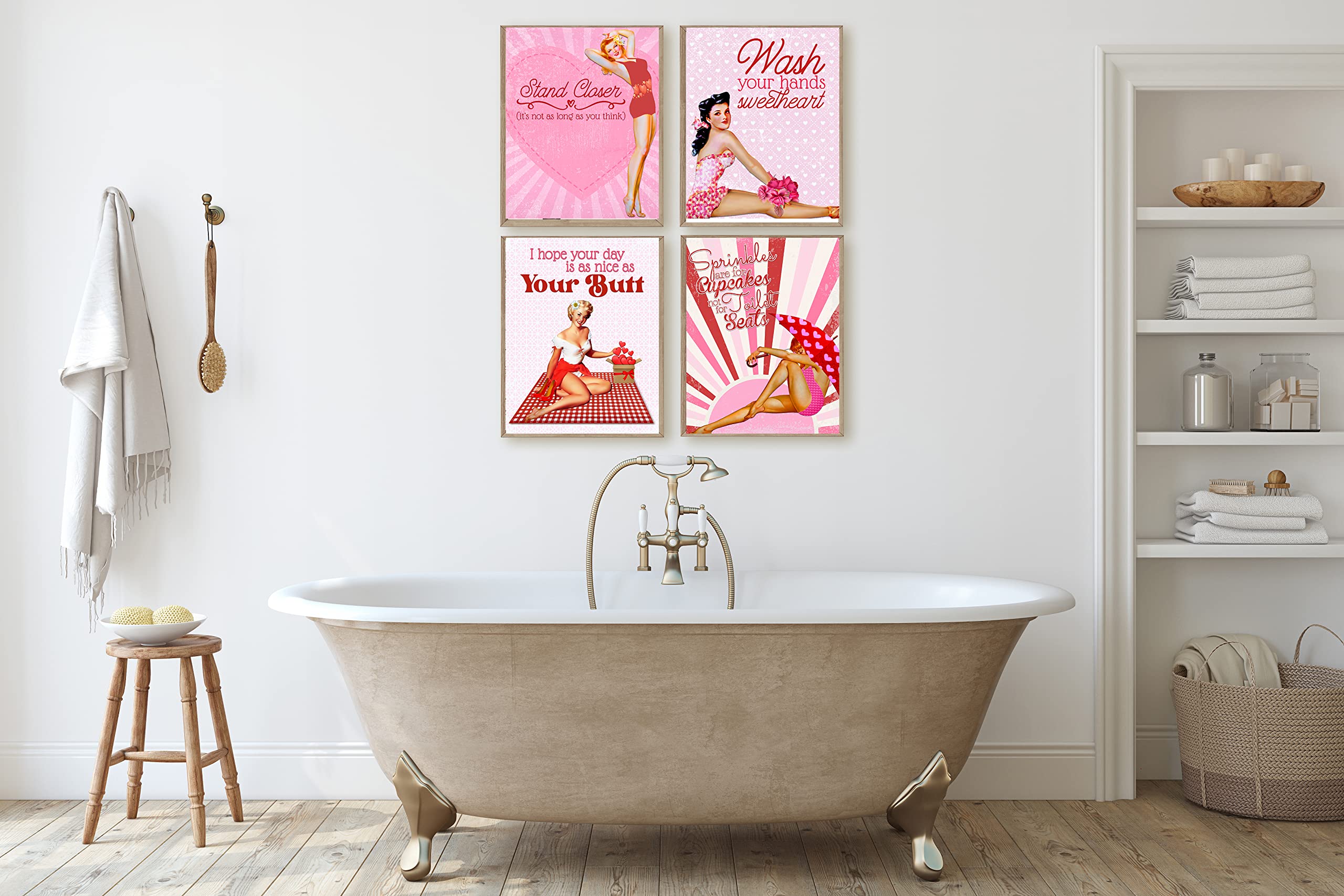 Sassy Vintage Pinup Valentine Bathroom Prints - Set of 4, 8x10 Guest Bath