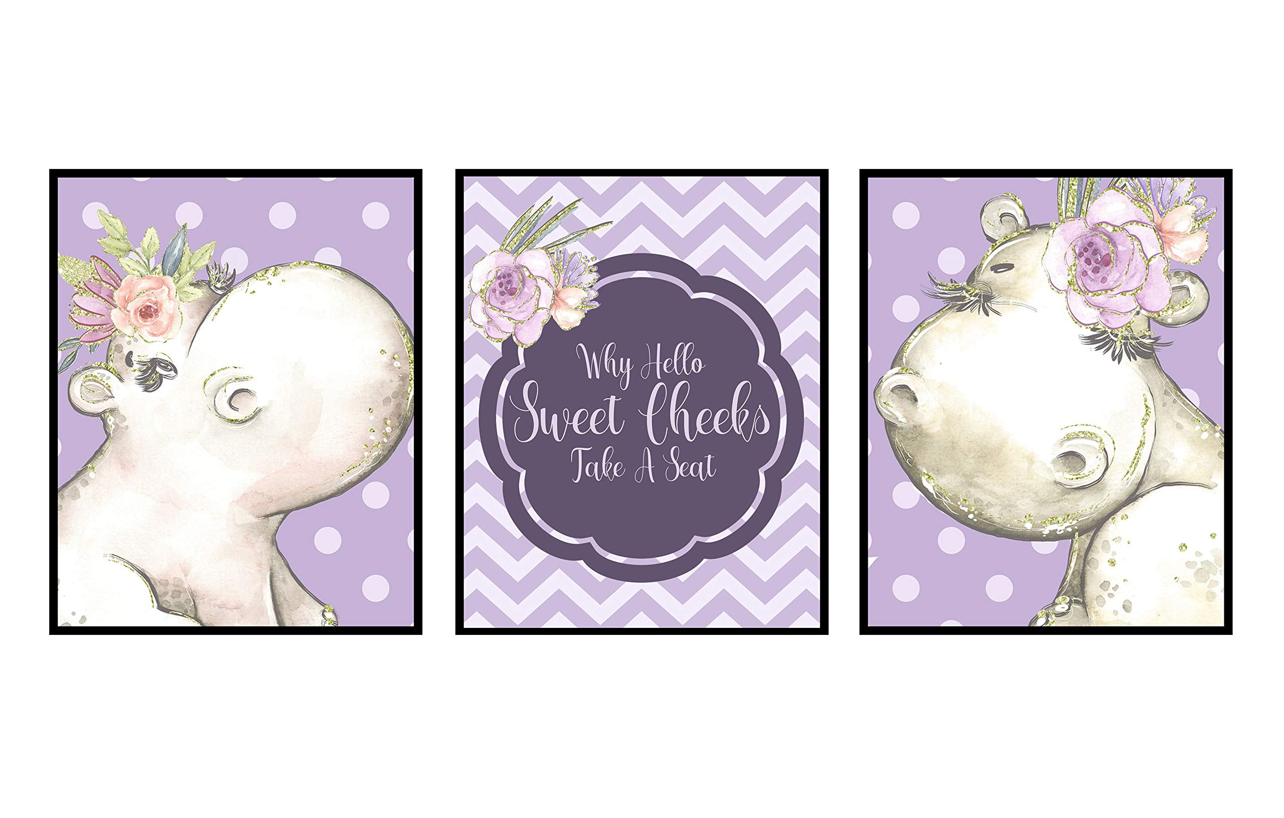 Why Hello Sweet Cheeks Funny Hippo Bathroom Wall Art Prints - Set of 3
