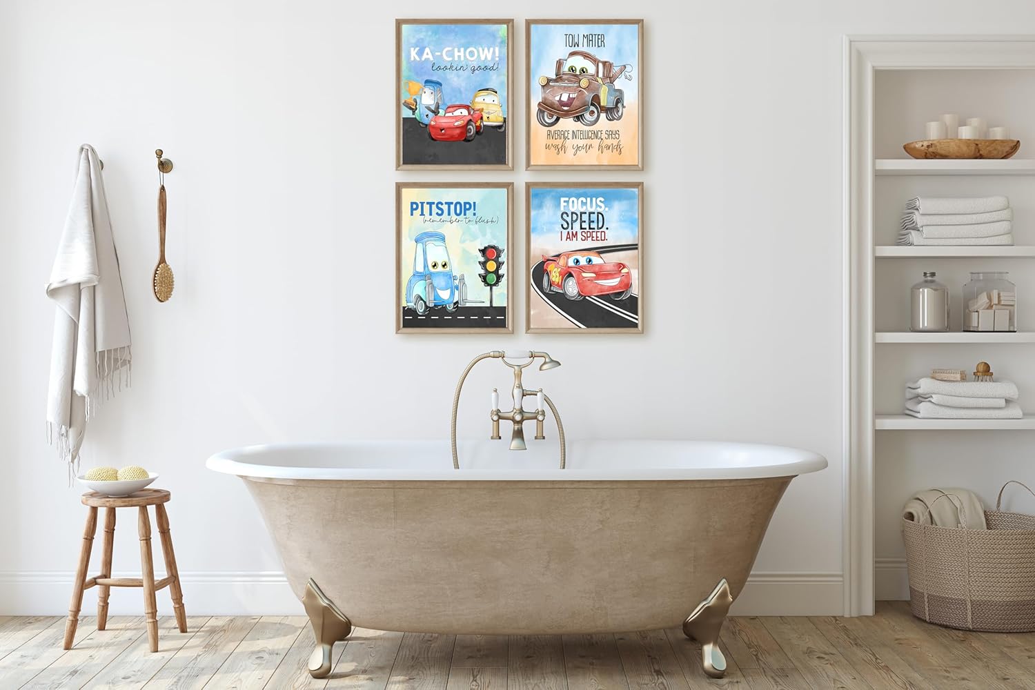 Colorful Cars Movie Themed Bathroom Wall Art Print Decor, Bath Reminders