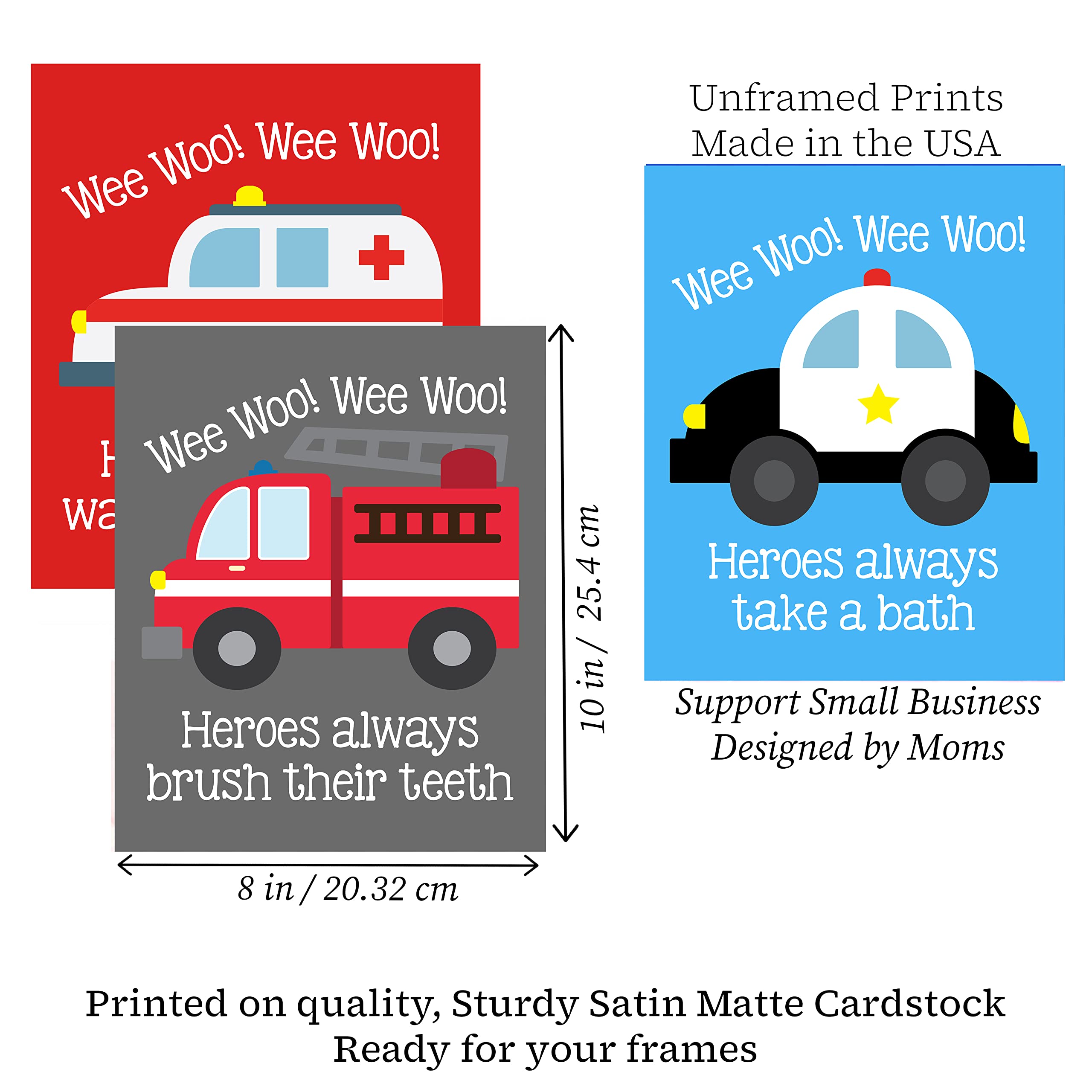 Emergency Vehicle Bathroom Wall Art Prints - Fire Truck Set of 3