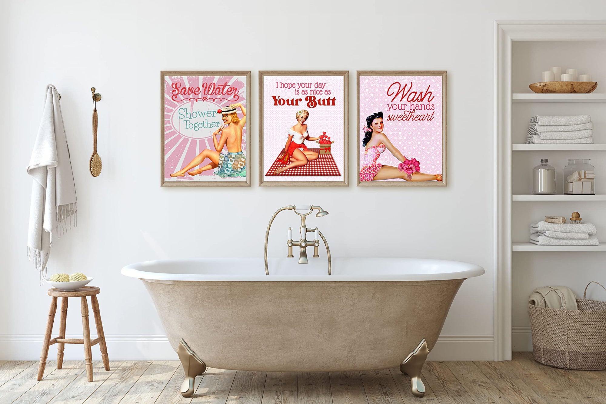 Sassy Vintage Pinup Valentine Bathroom Prints - Set of 3, 8x10 Bath Decor