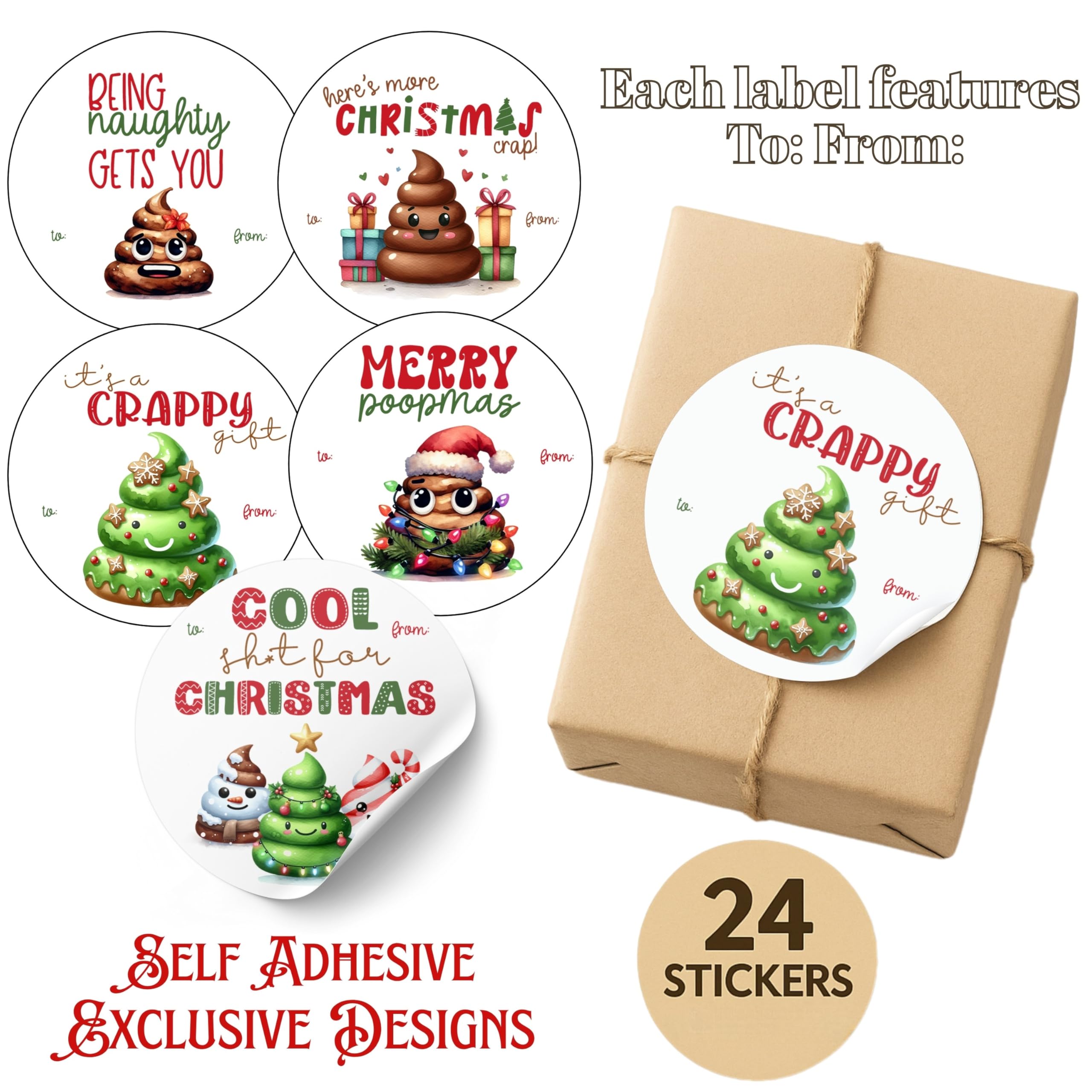Funny Poop Emoji Christmas Gift Tag Stickers - Set of 24