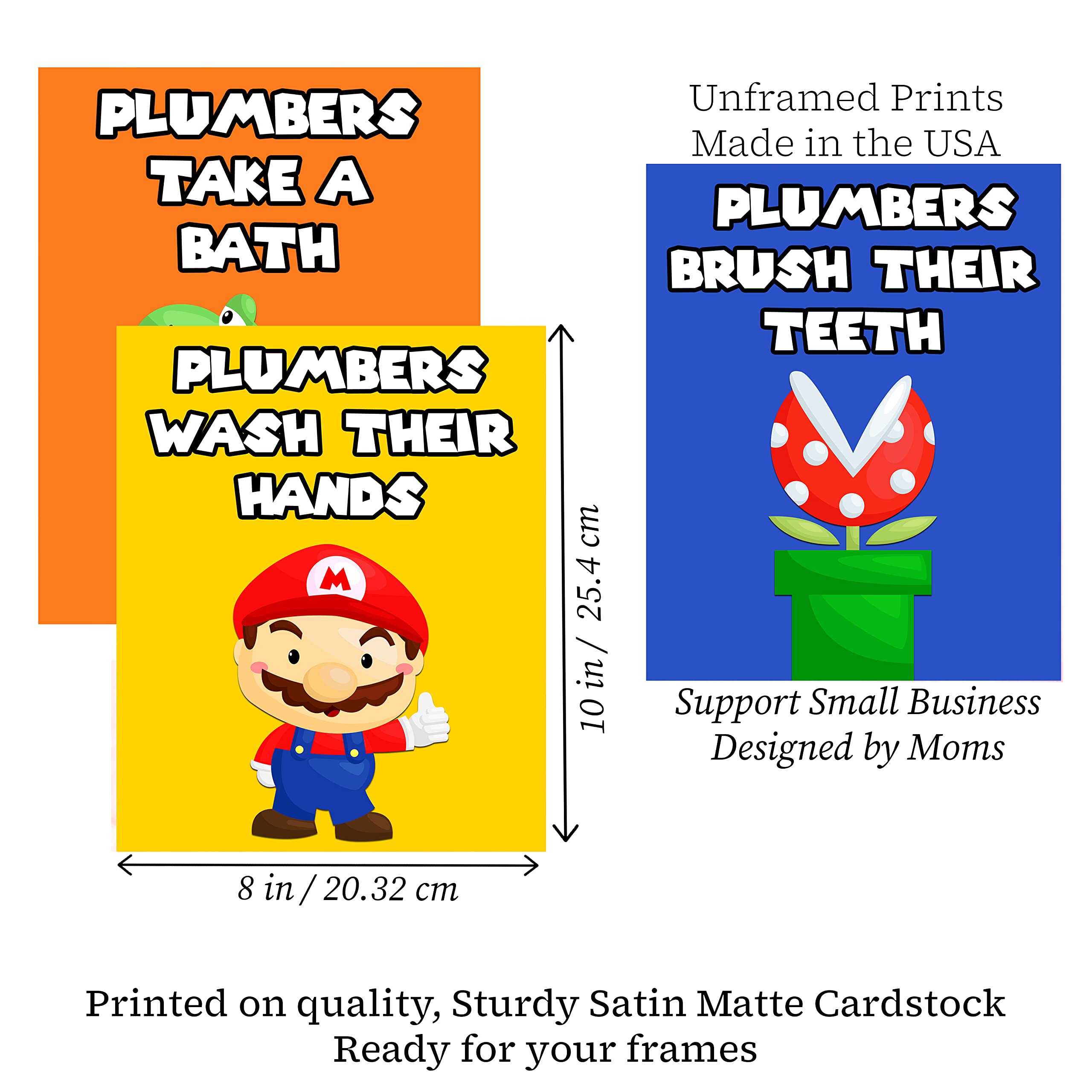 Plumber Brothers Video Game Bathroom Wall Art Prints - Set of 3