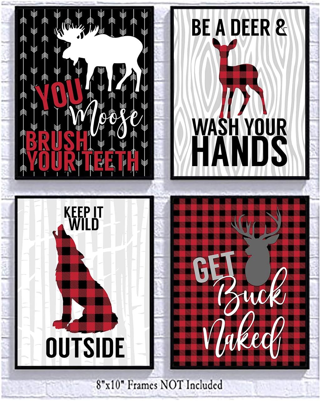 Get Buck Naked - Buffalo Plaid Red Check Woodland Wild Themed Bathroom Wall Art Print Decor (Set of Four) Picture Hanging Sign Moose Wolf Deer Cabin Wilderness