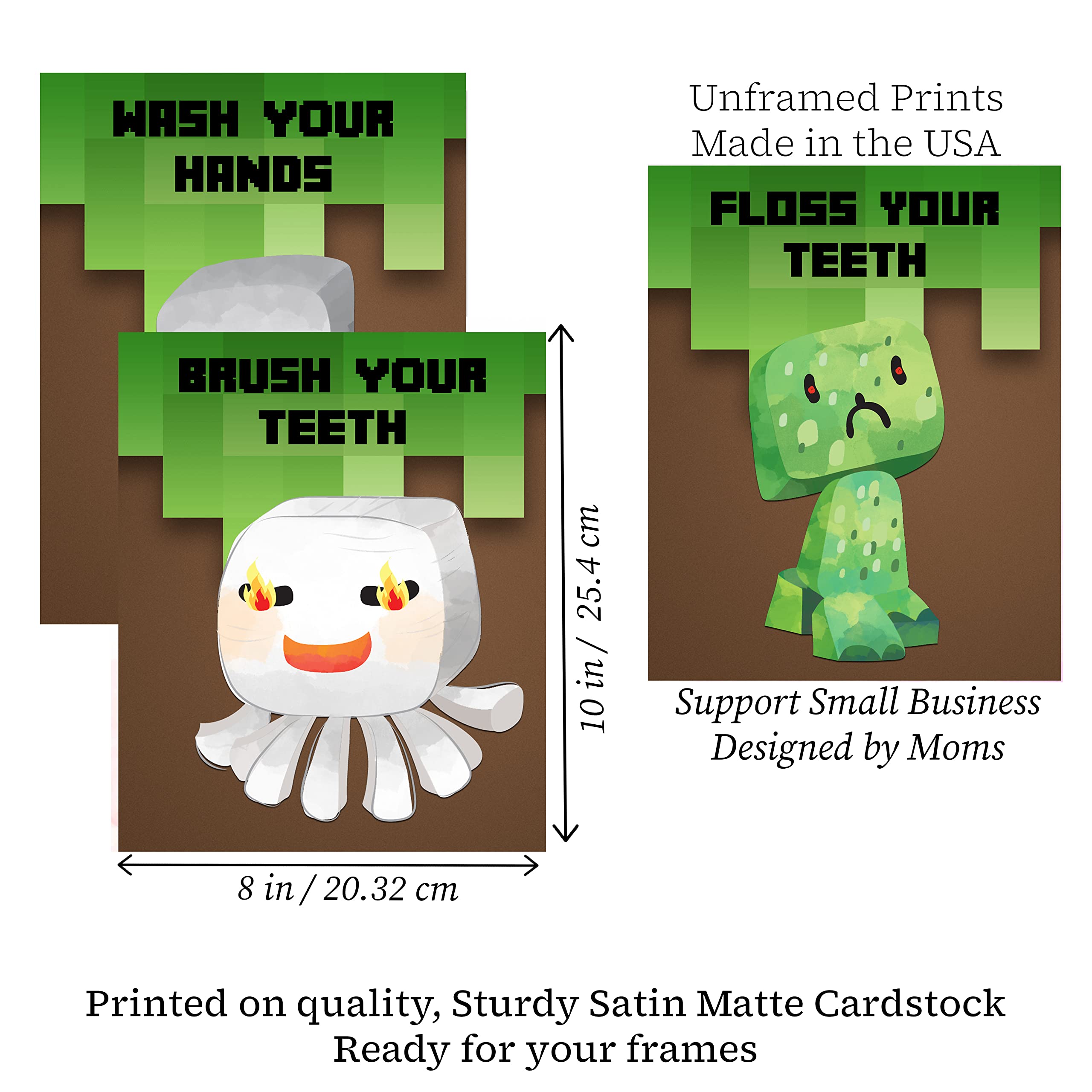 Pixel Miner Video Game Bathroom Wall Art Prints - Set of 4
