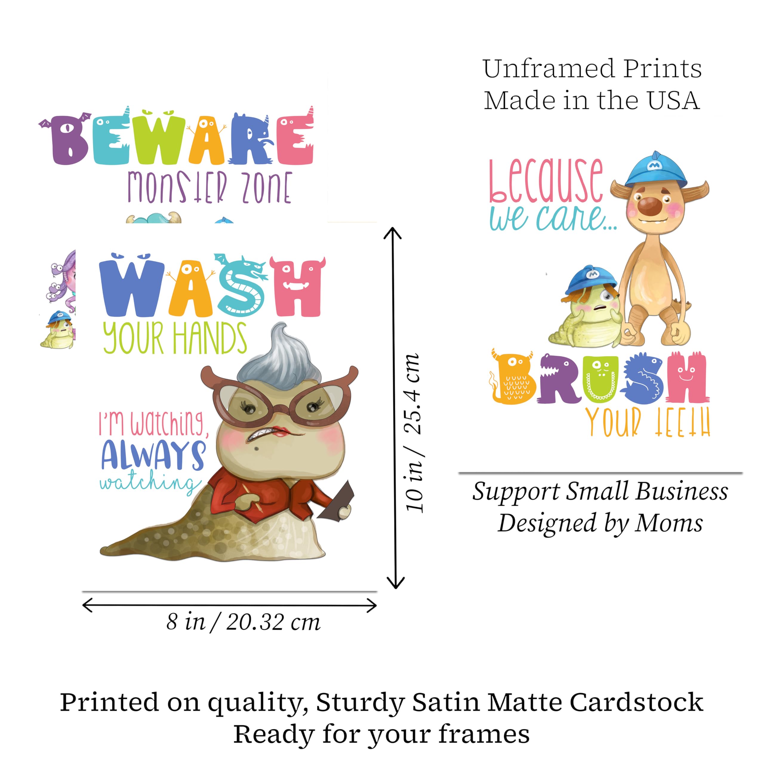 Friendly Monsters Bathroom Wall Art Prints for Kids - Set of 5