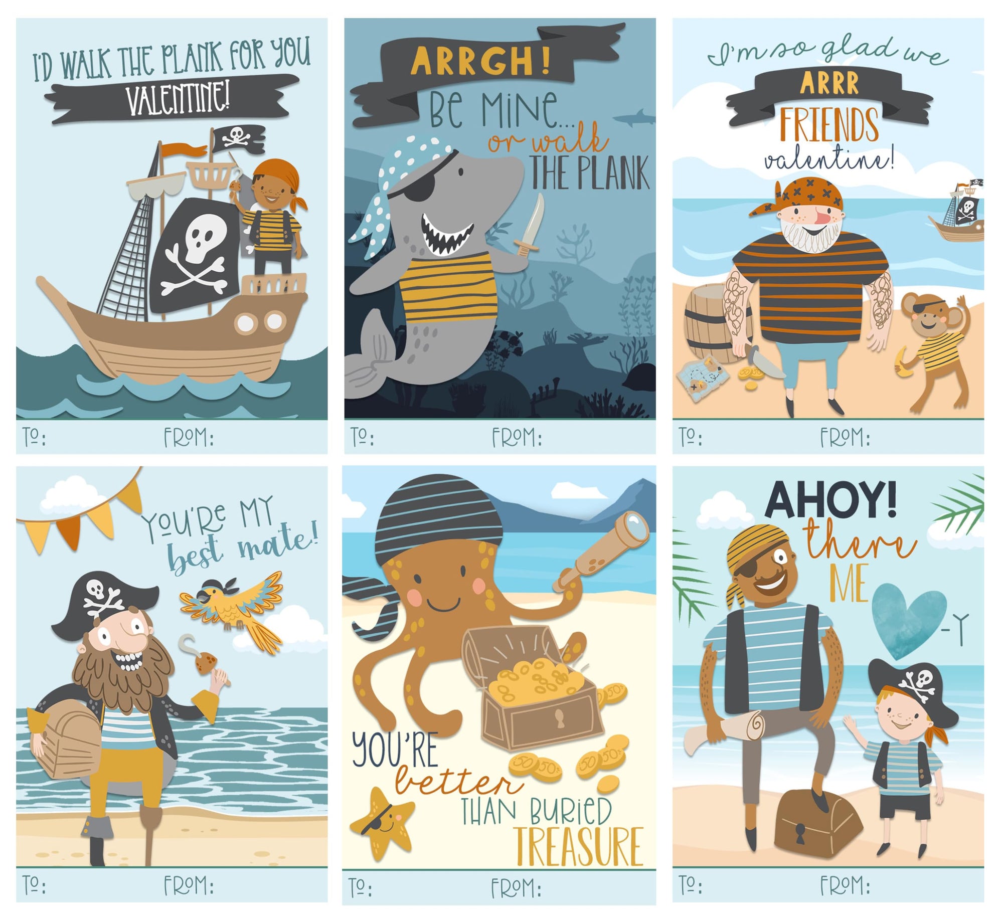 Pirate Watercolor Themed Valentines Day Card for Kids School Classroom Exchange (Set of 24) School Class Work Party